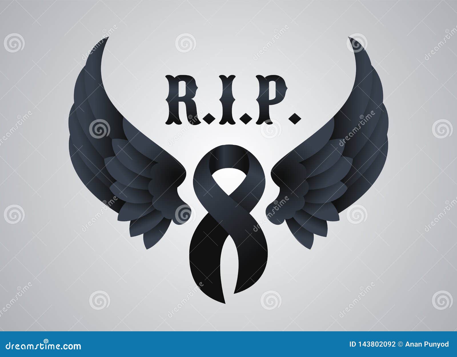 rest in peace rip. with black ribbon and peace wings  desig