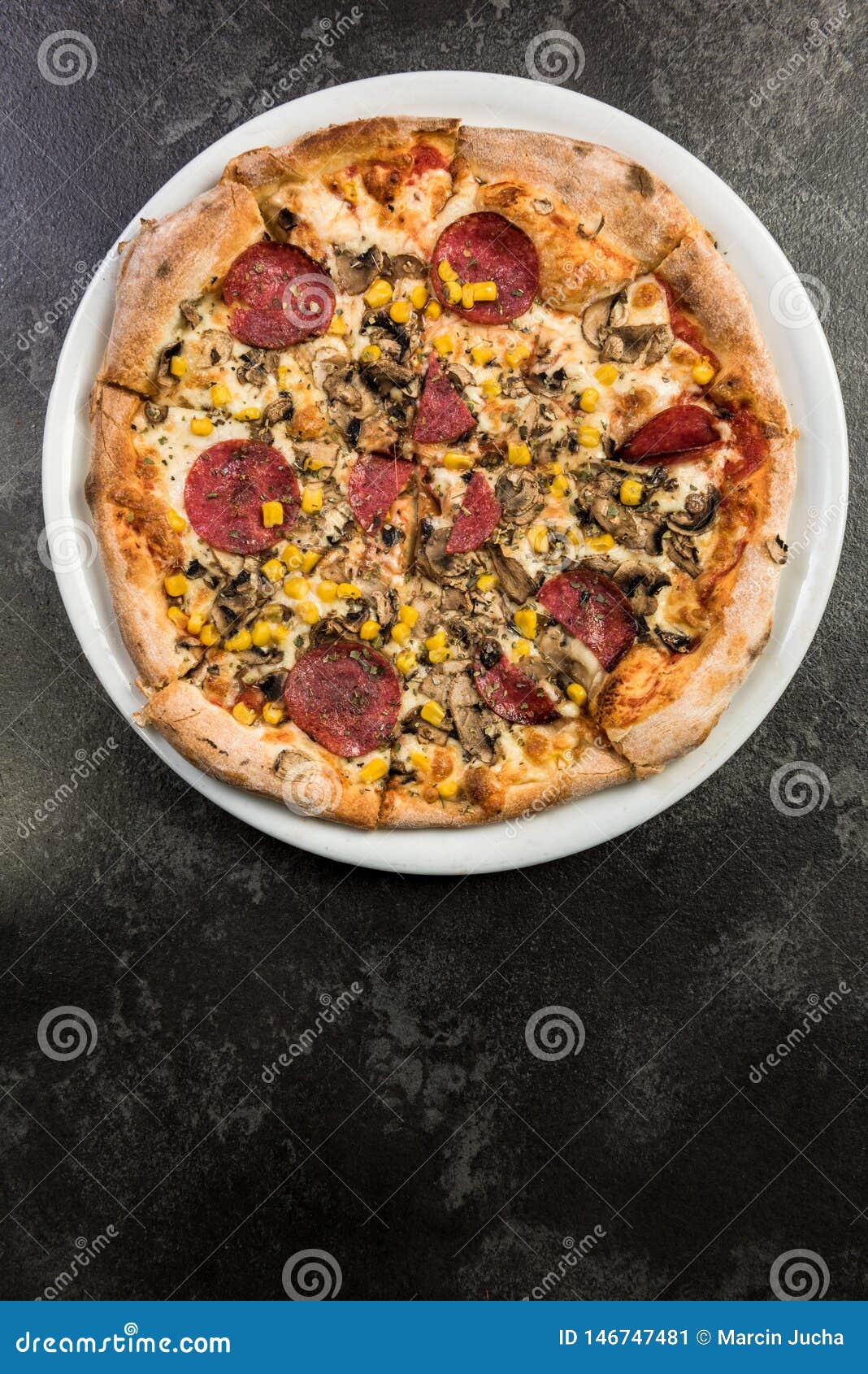 Restauran Pizza on Dark Marble, Copy Space Stock Image Image of