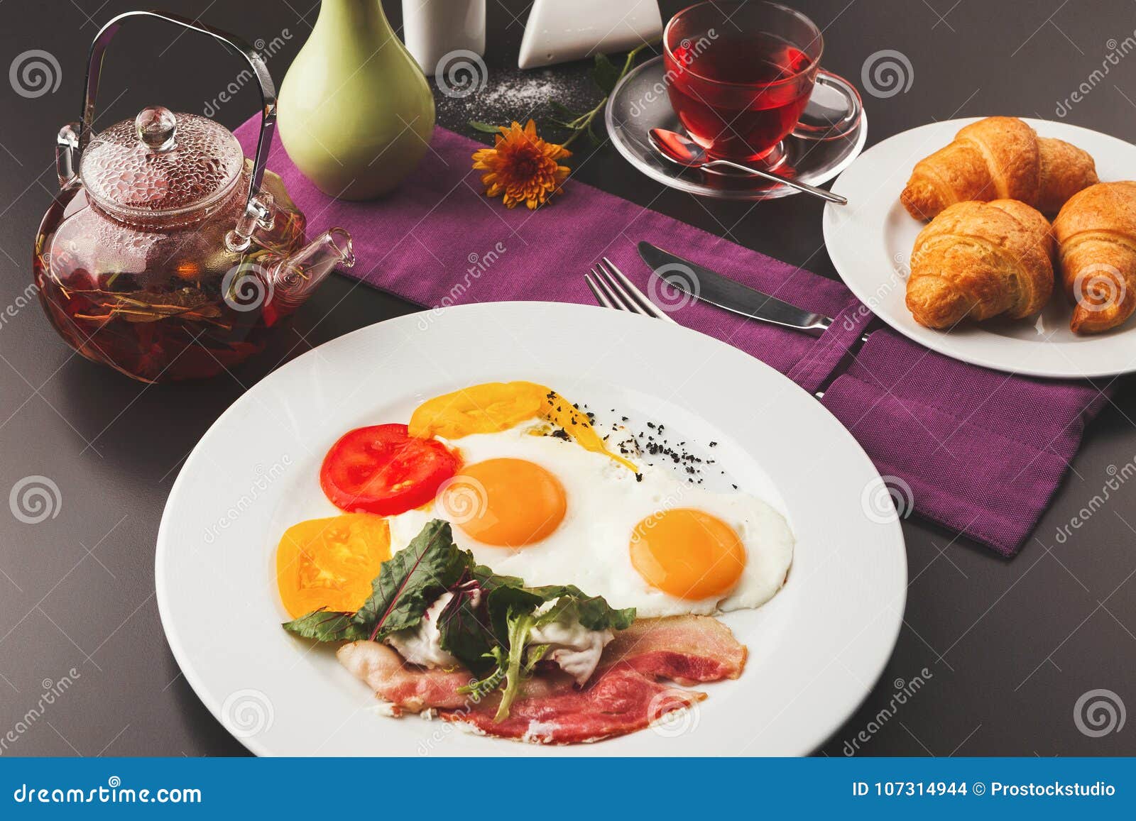 Restaurant Breakfast with Bacon and Fried Eggs Stock Photo Image of fresh, exclusive 107314944