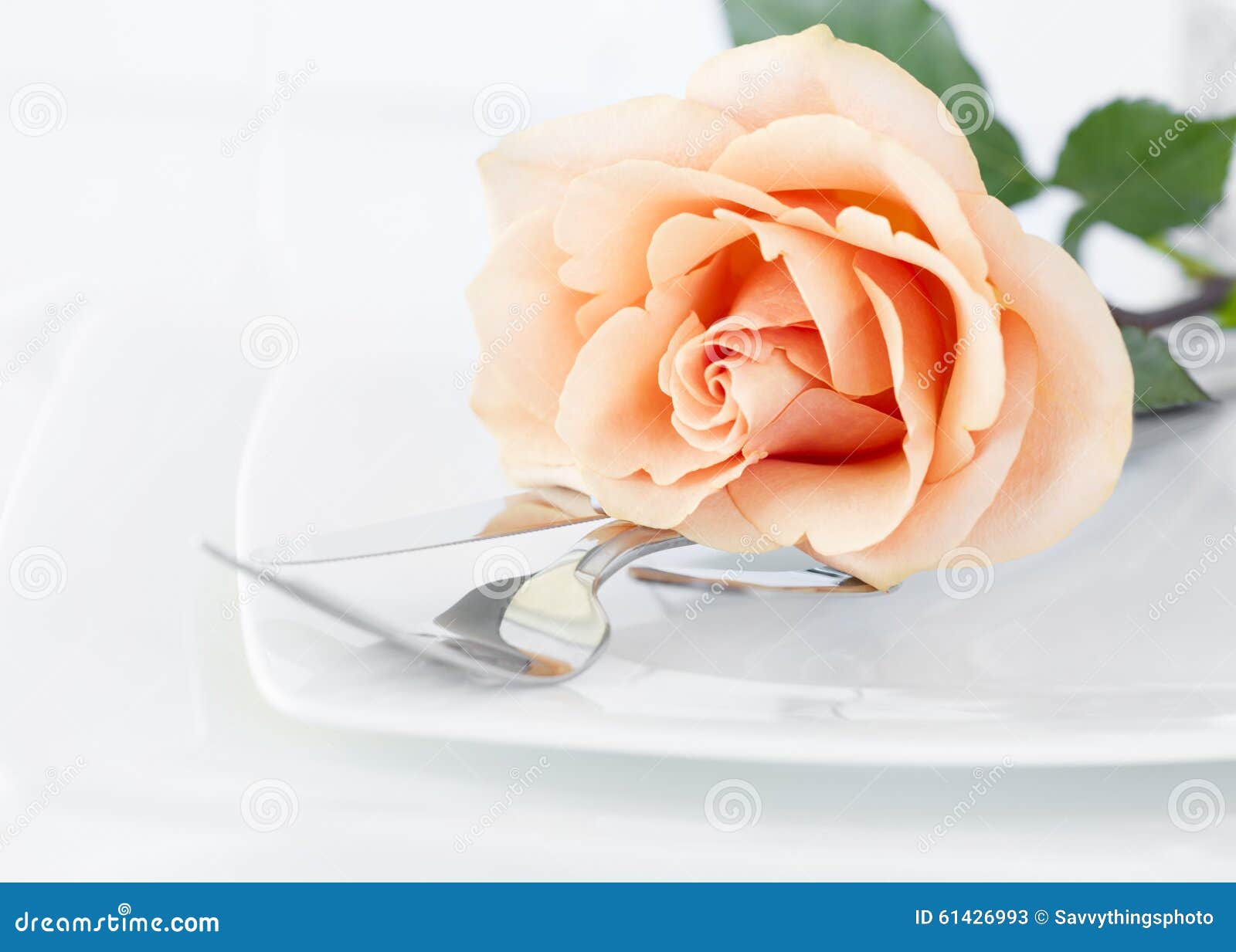 Restaurant Dinner Arrangement Set Plate Silverware Orange Rose Stock