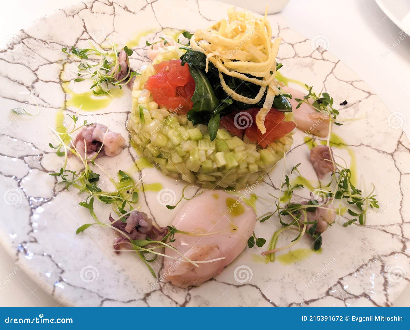 Restaurant Dish, Cold Snacks, Cucumber Tartar and Fried Rucola with