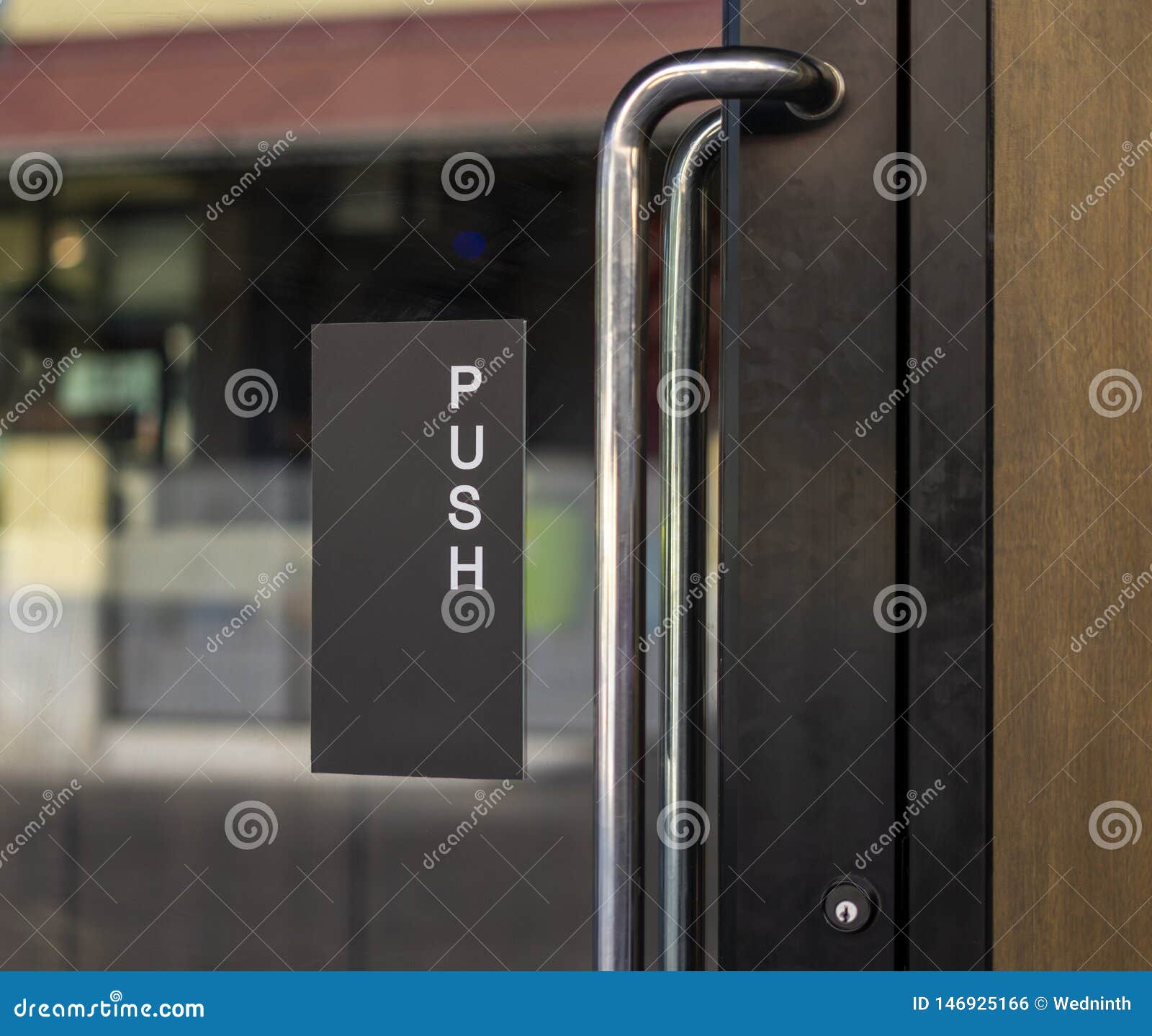 Restaurant Door Handle With Push Sign On Glass Doors Stock