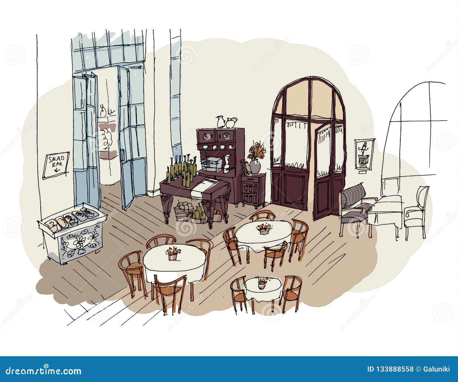 Restaurant Interior Hand Drawn Color Sketch Stock Vector - Illustration of  black, cartoon: 133888558