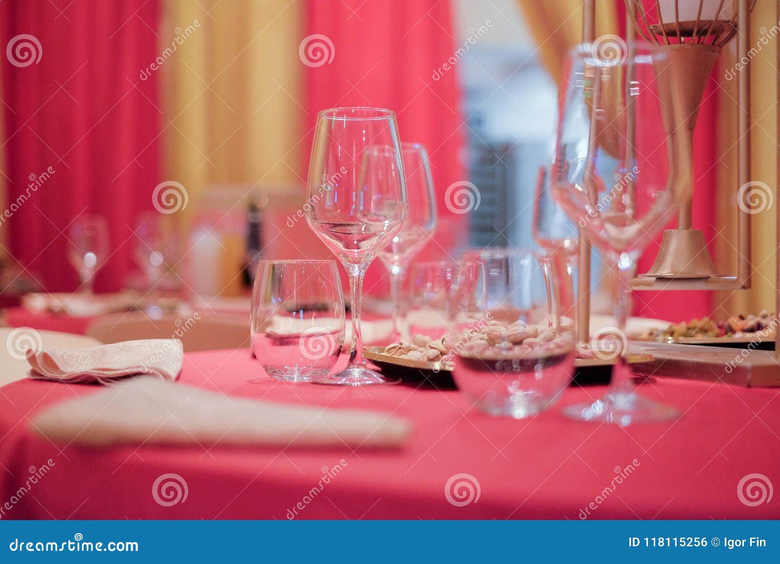 Restaurant Interior a Table Decorated with a Red Tablecloth in Stock
