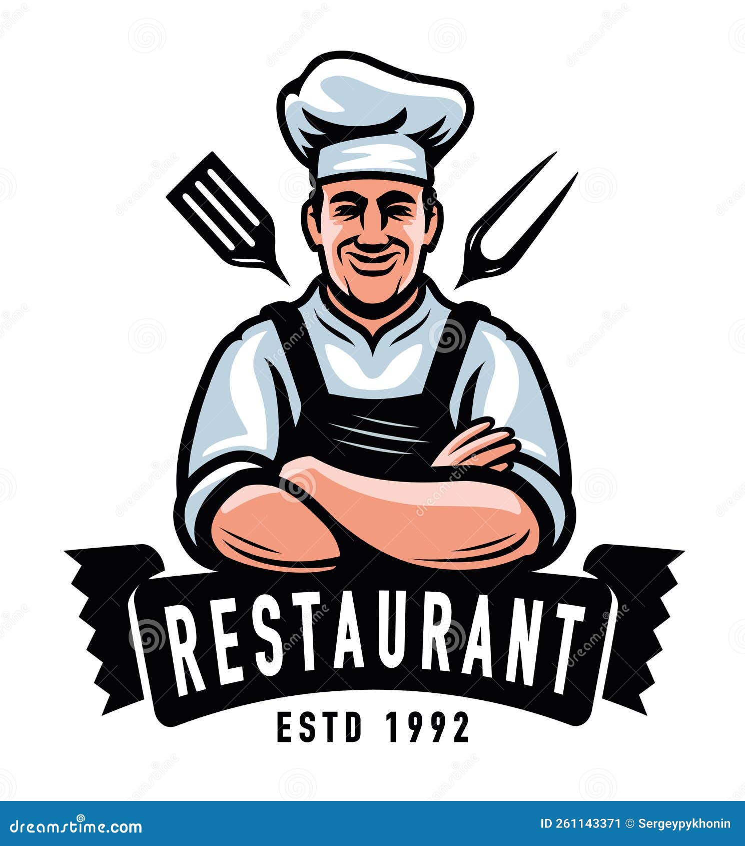 Restaurant Logo. Happy Chef in Hat with Meat Frying Tools. Grill Food ...