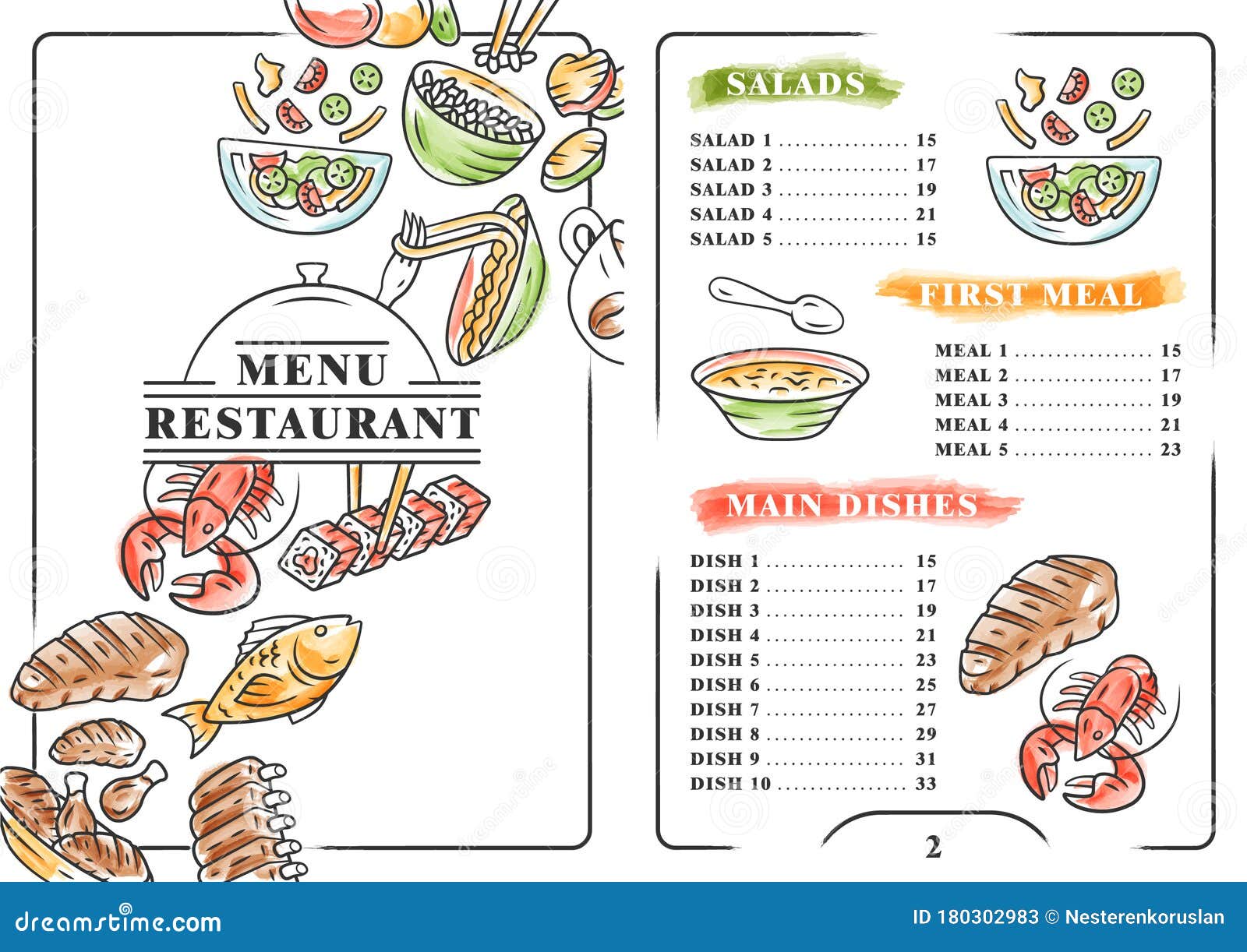 Restaurant Menu Color Template. Salads, First Meal, Main Dishes. Print Design with Linear Icons Stock Vector - Illustration of brochure, dish: 180302983 Restaurant Menu Color Template. Salads, First Meal, Main Dishes. Print Design With Linear Icons Stock Vector - Illustration Of Brochure, Dish: 180302983