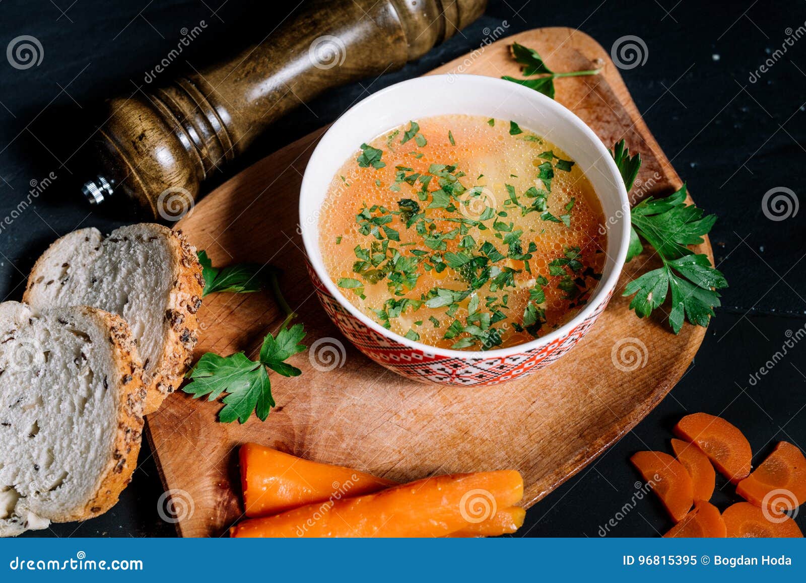 Restaurant Menu Details with Chicken Soup and Ingredients Stock Image