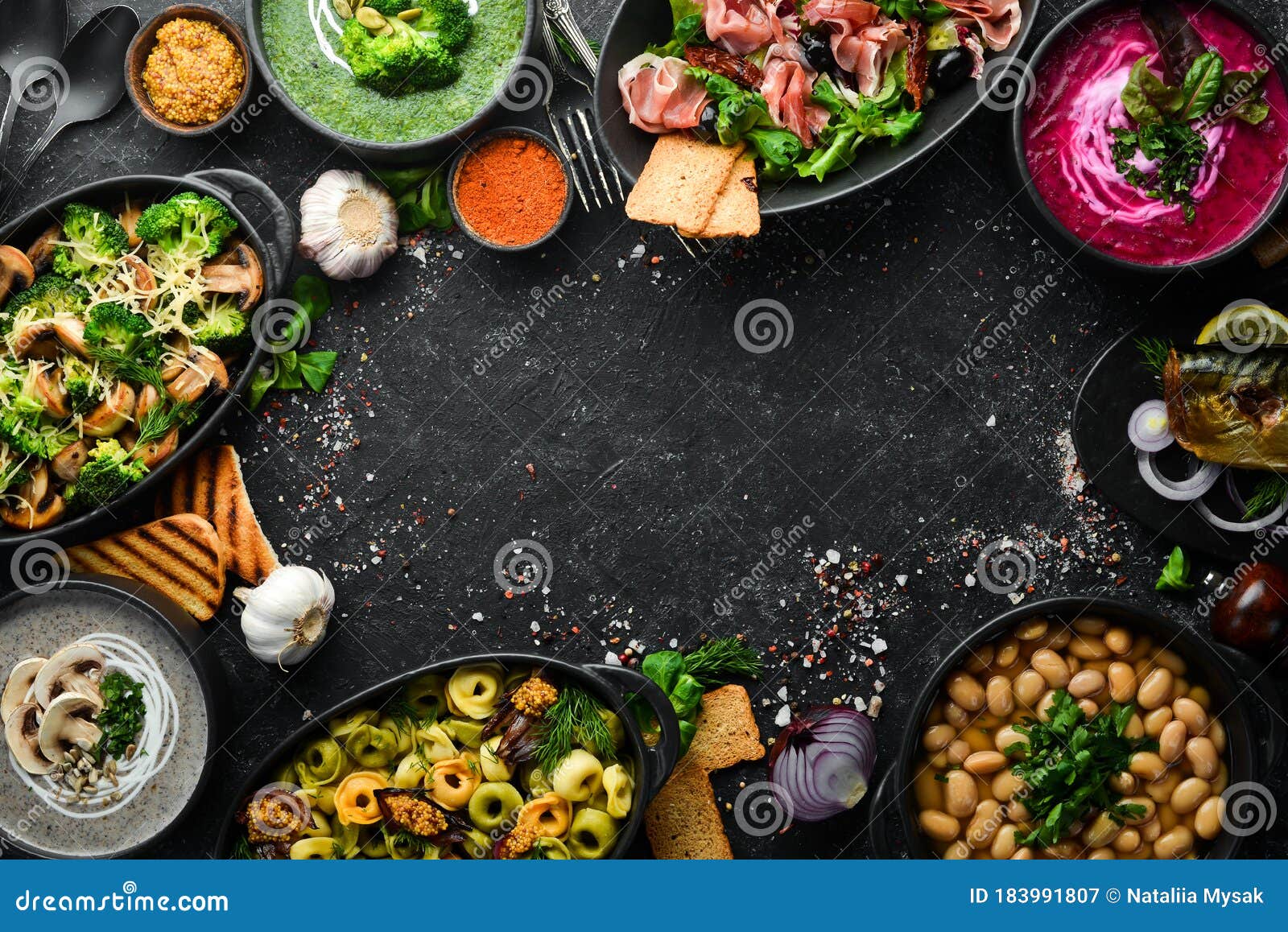 Restaurant Menu. Set of Food and Dishes on Black Stone Background Stock  Image - Image of plate, sauce: 183991807