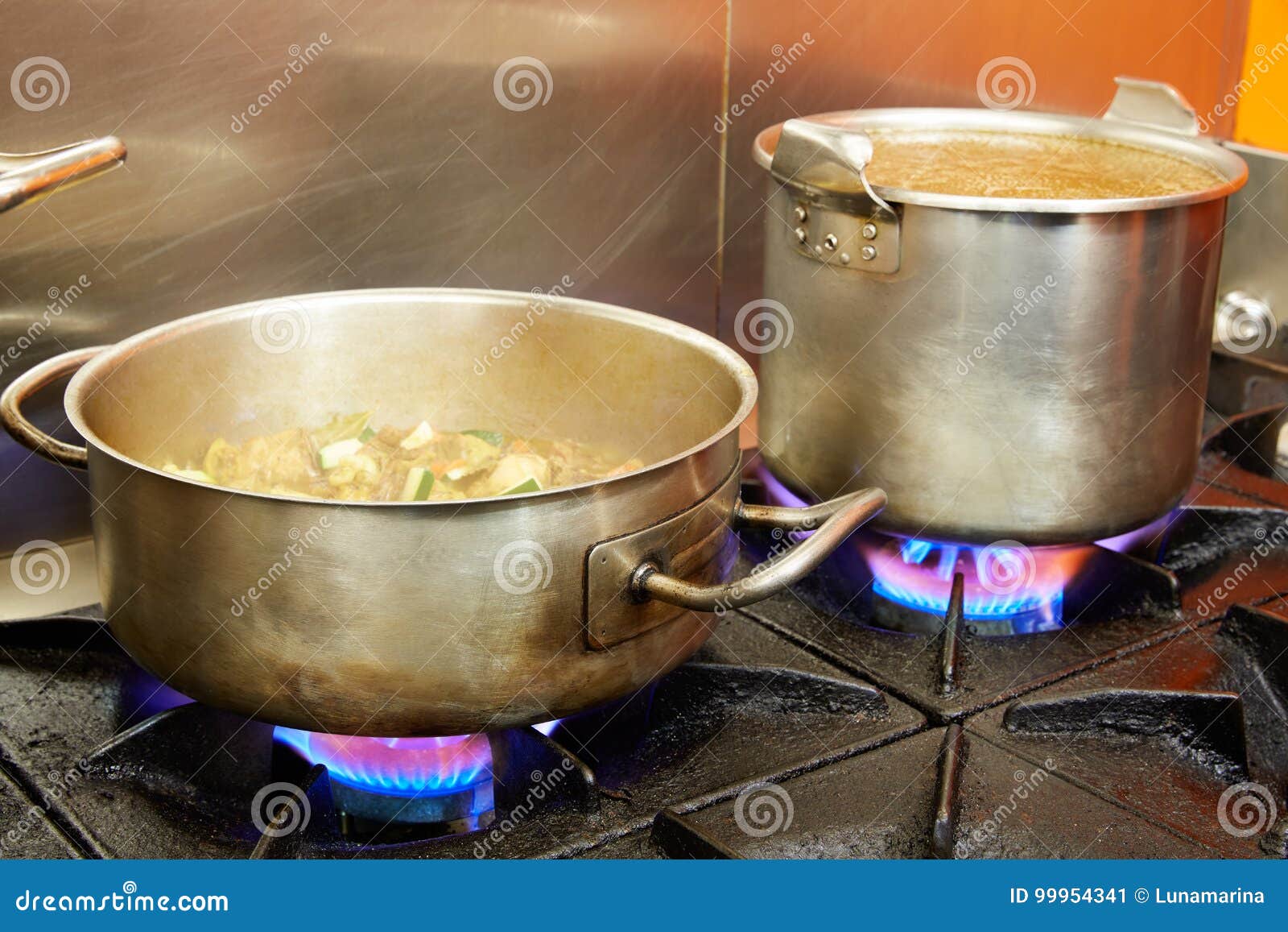 Restaurant Pro Kitchen with Steel Pans in Fire Stock Image Image of