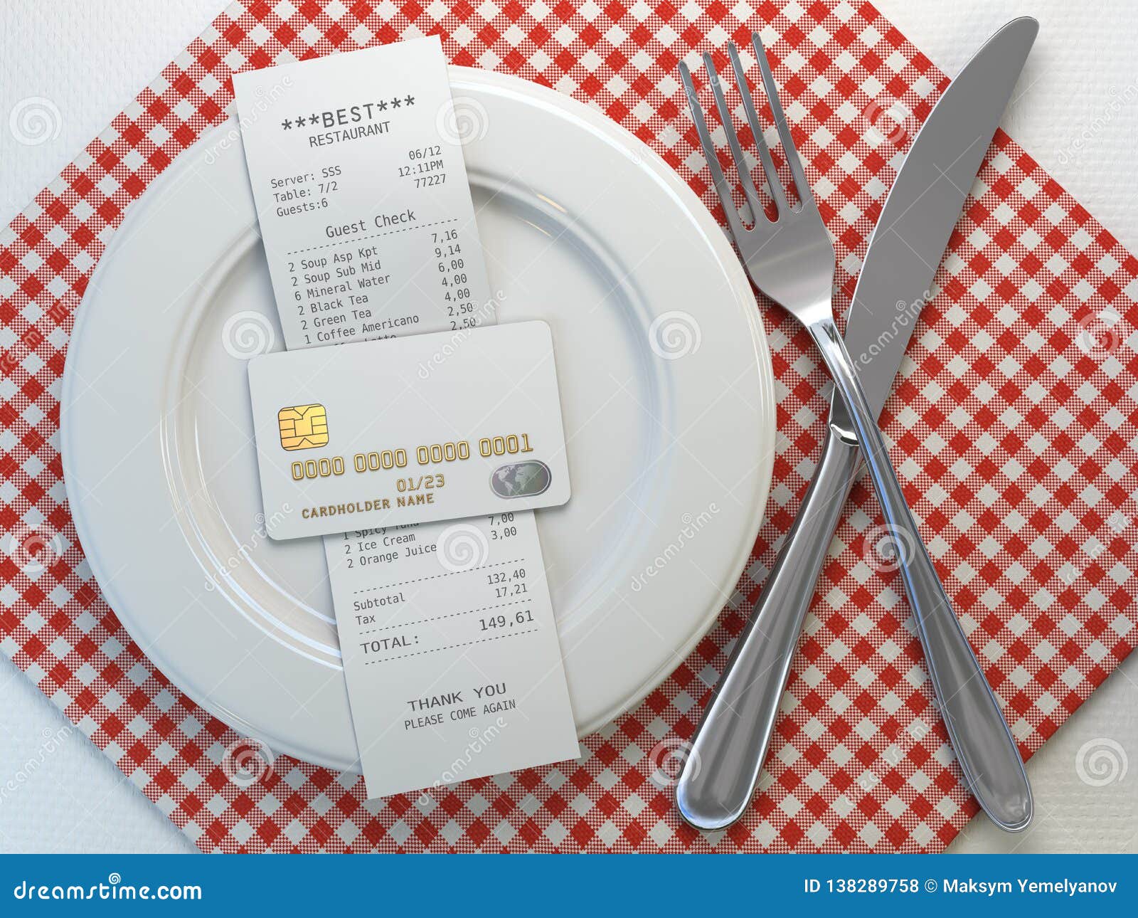 Download Restaurant Receipt Bill For Payment By Credit Card On The Plate, Mock Up Stock Illustration ...
