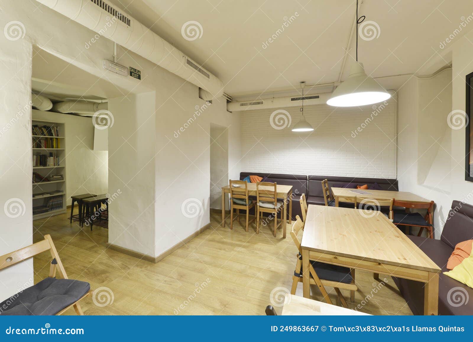 Restaurant with Rectangular Wooden Tables, Wall To Wall Sofas, Stock