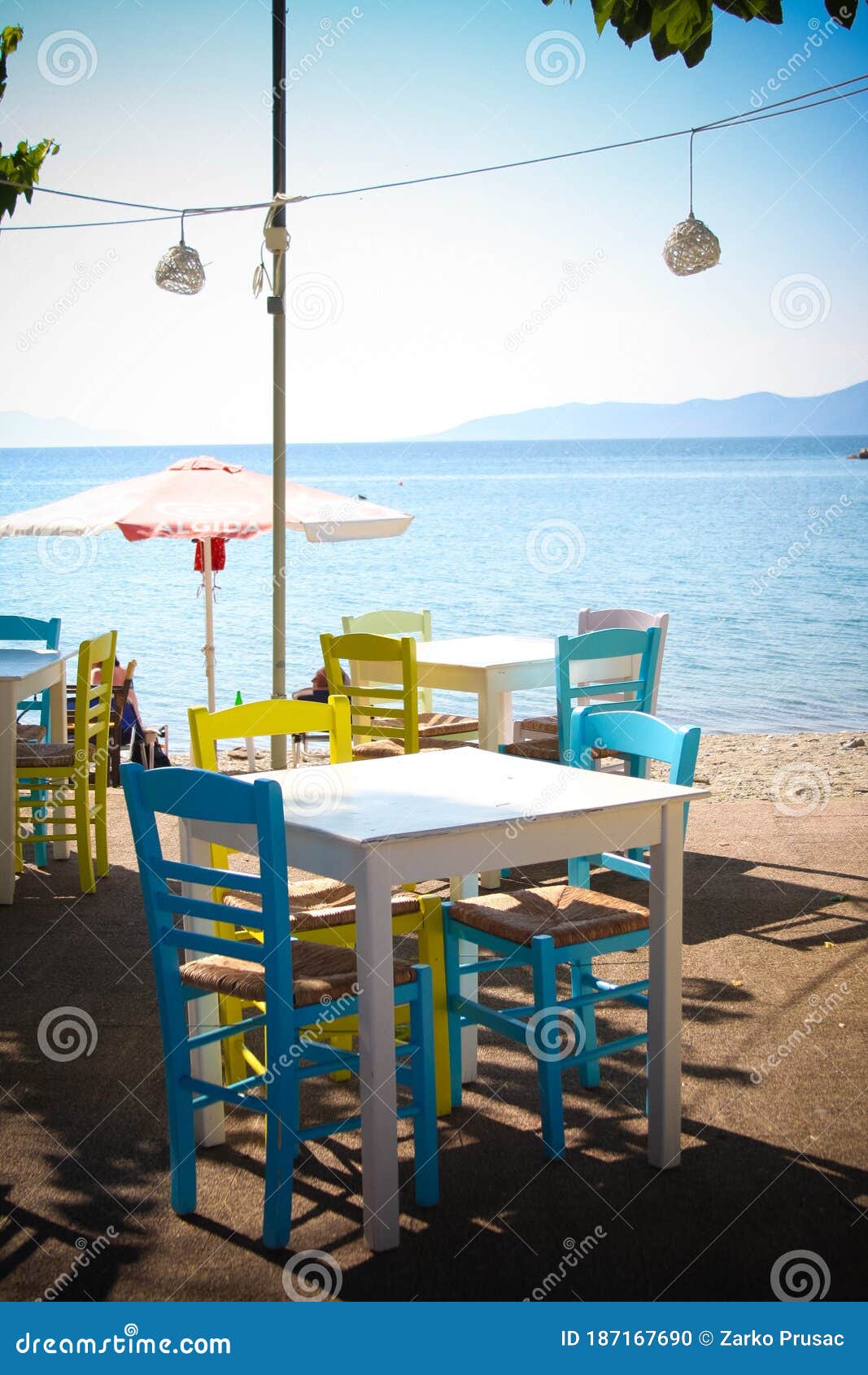 Restaurant Table and Chairs by the Sea, Greece Stock Photo Image of