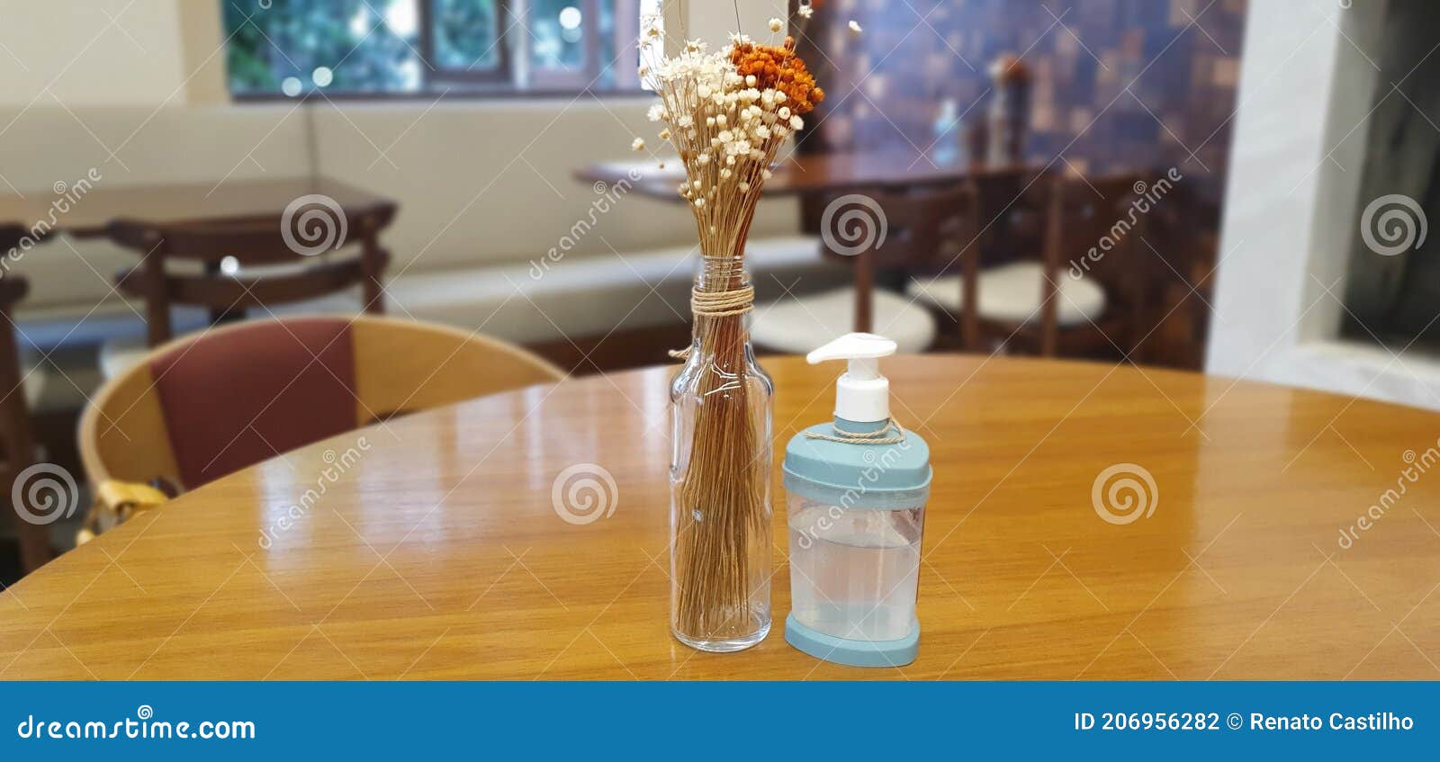 Restaurant Table with Hand Sanitizer Dispenser Stock Photo Image of