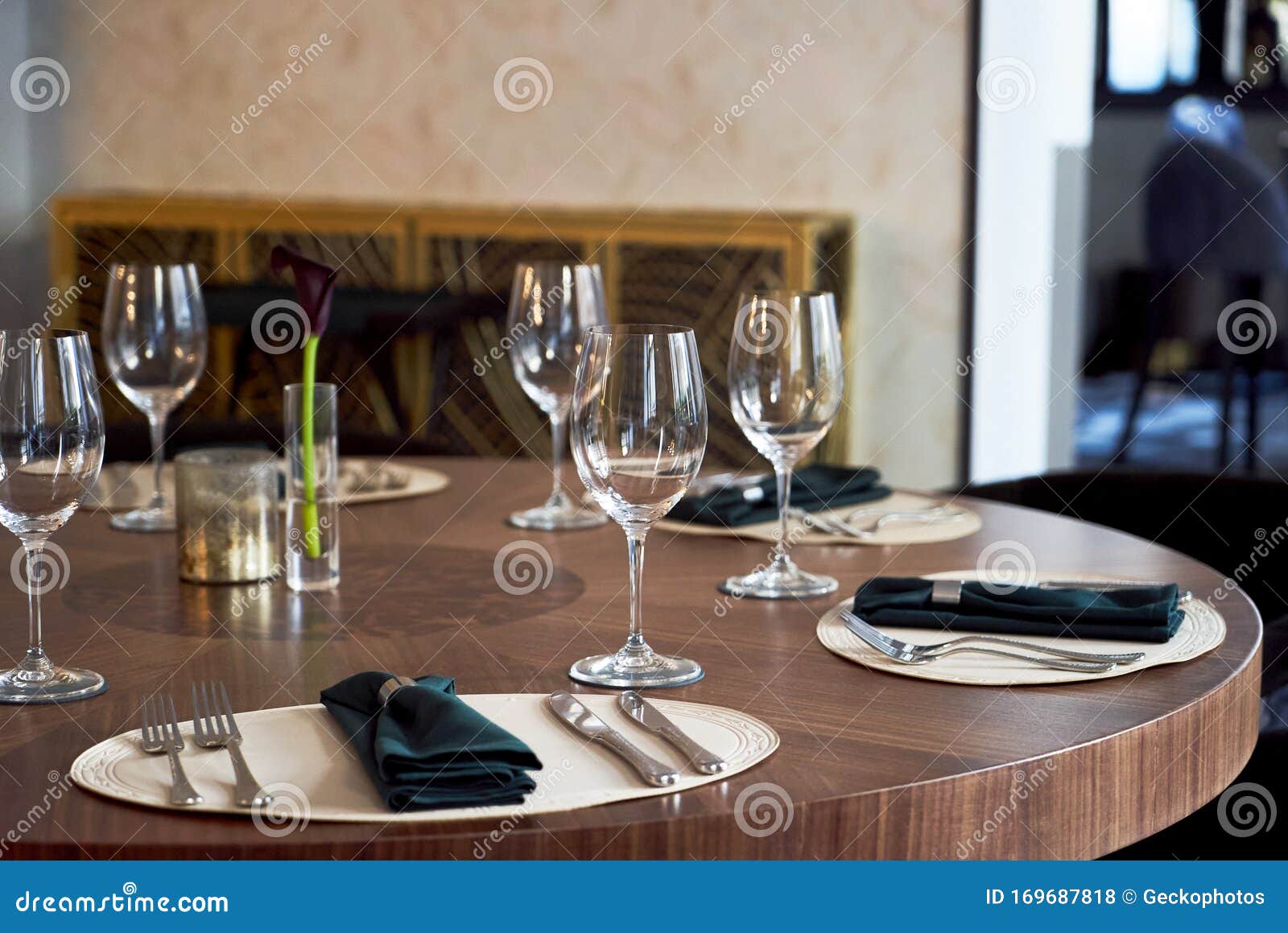 Restaurant Table Setting with Empty Clean Glasses. Banquet Dining Table