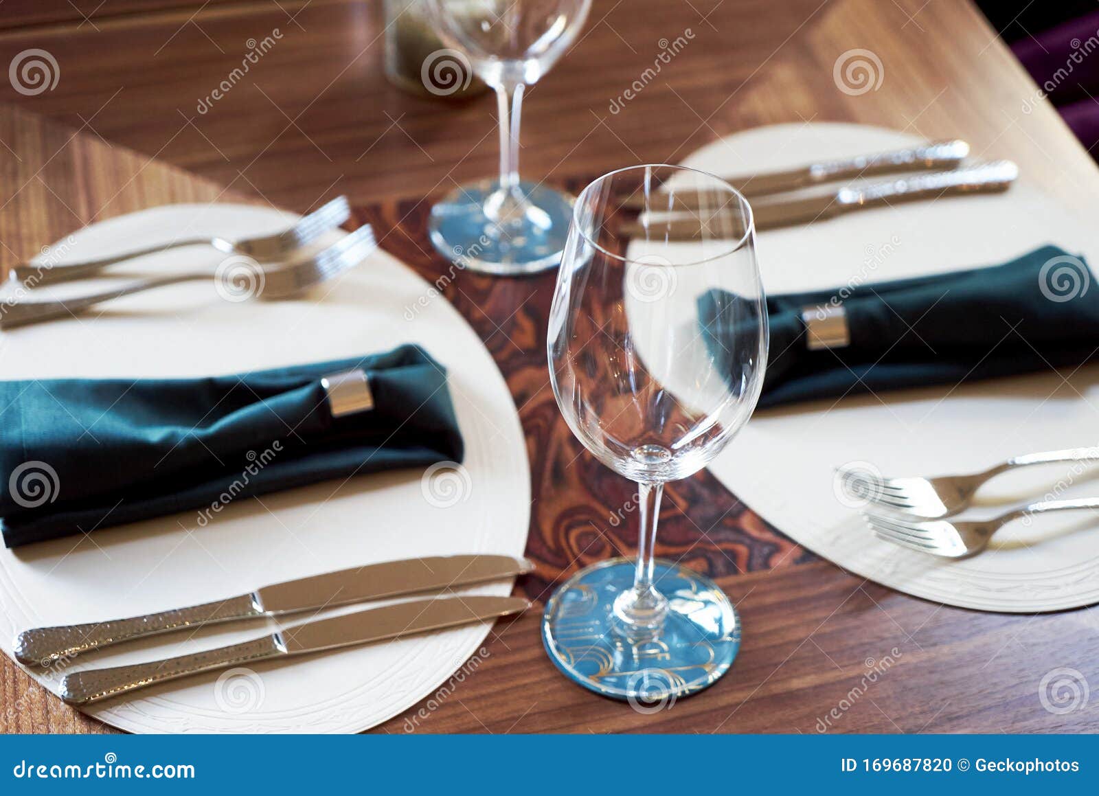 Restaurant Table Setting with Empty Clean Glasses. Banquet Dining Table