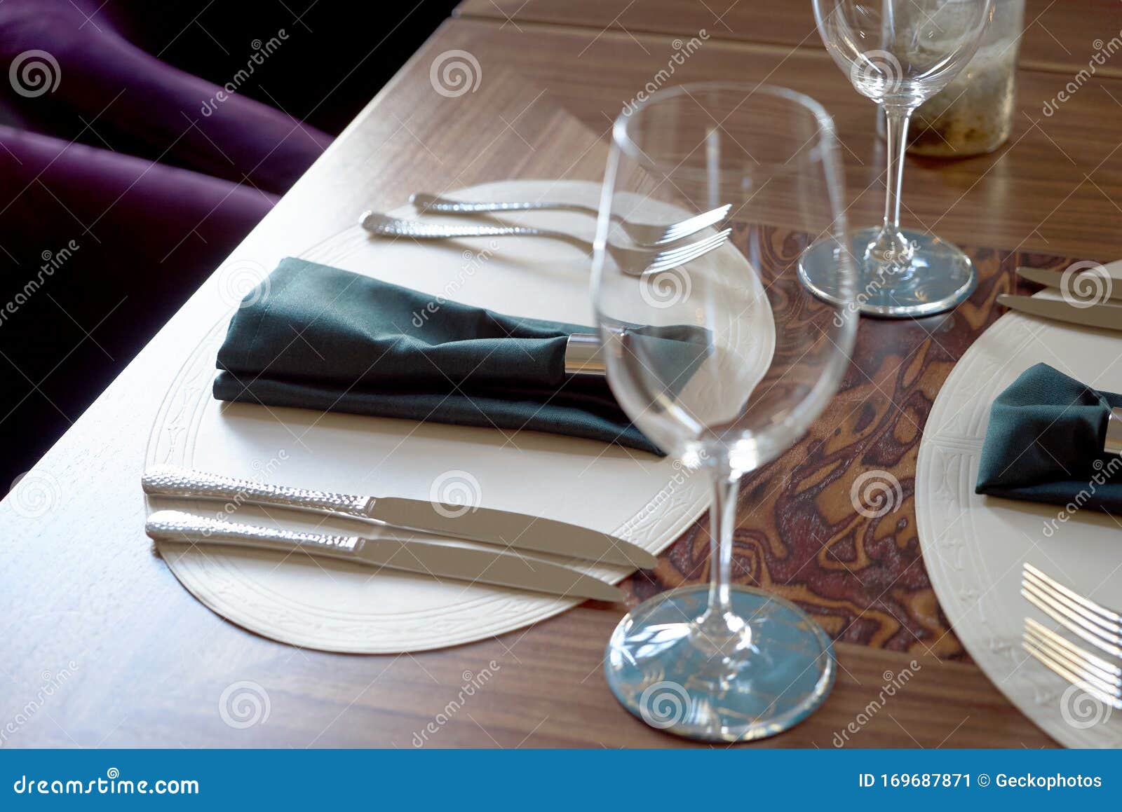 Restaurant Table Setting with Empty Clean Glasses. Banquet Dining Table