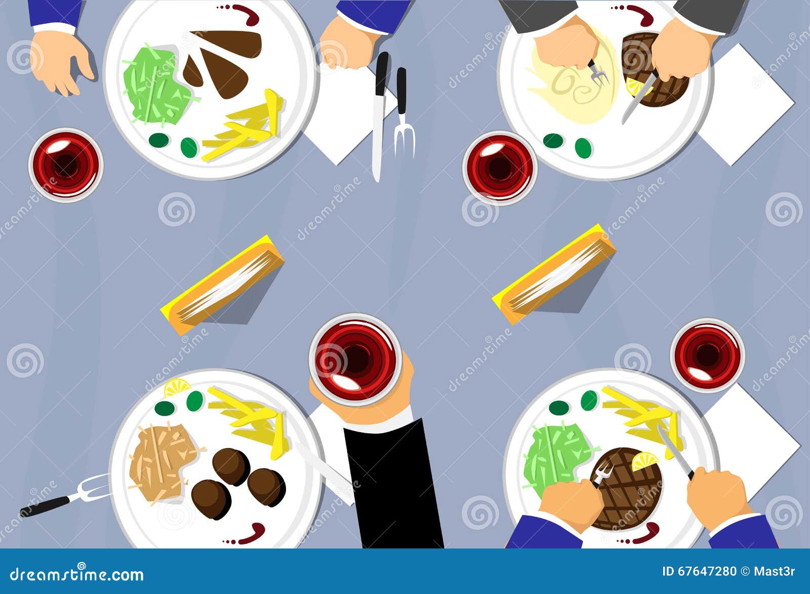 Restaurant Table Top View, People Group Eating, Plates Wine Glass Stock