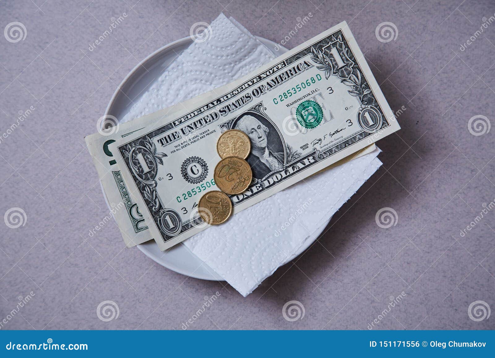 restaurant tips or gratuity. banknotes and coins on a plate