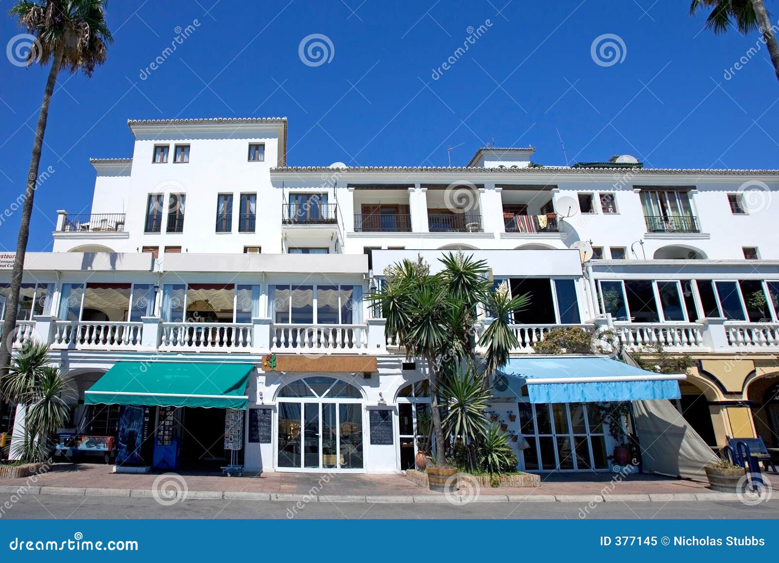 Restaurants and Bars in Duquesa Port in Southern Spain Stock Image
