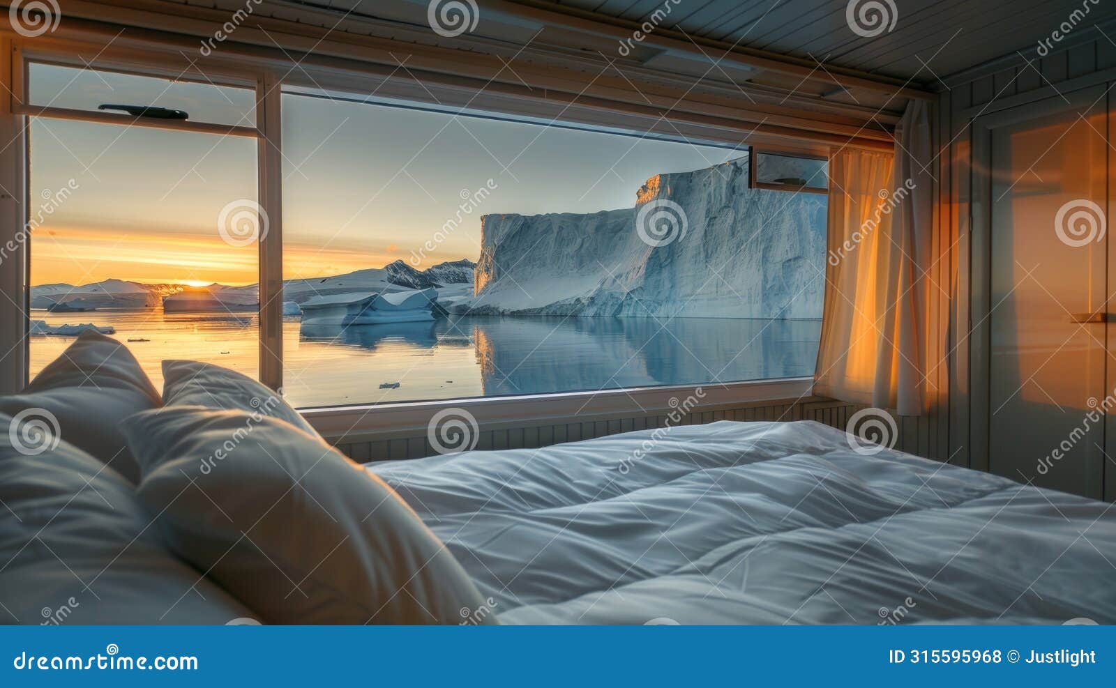 a restful night in a warm and cozy cabin with the mesmerizing sight of the midnight sun reflecting off the icebergs