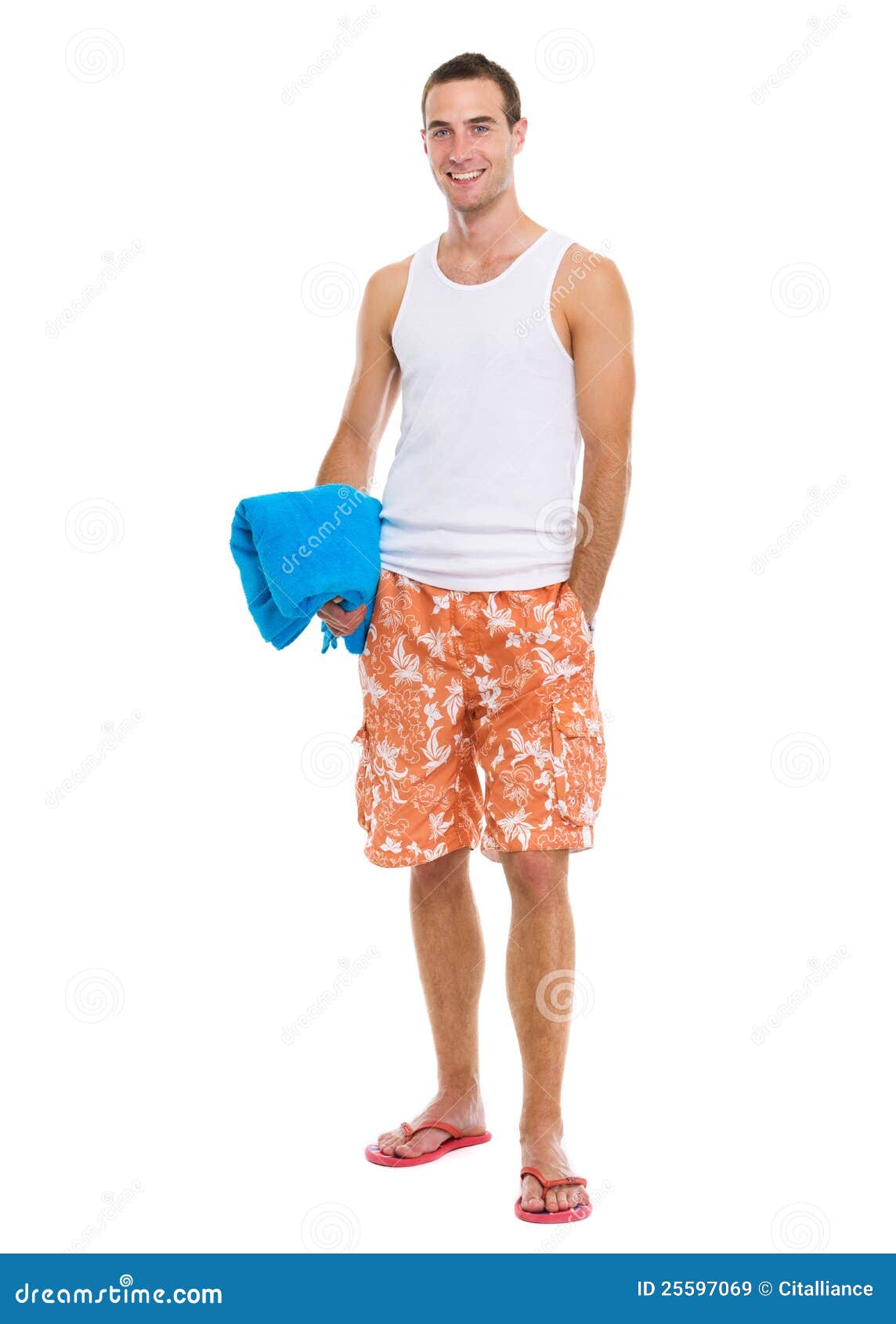 Resting on Vacation Guy Holding Blue Towel Stock Image Image of
