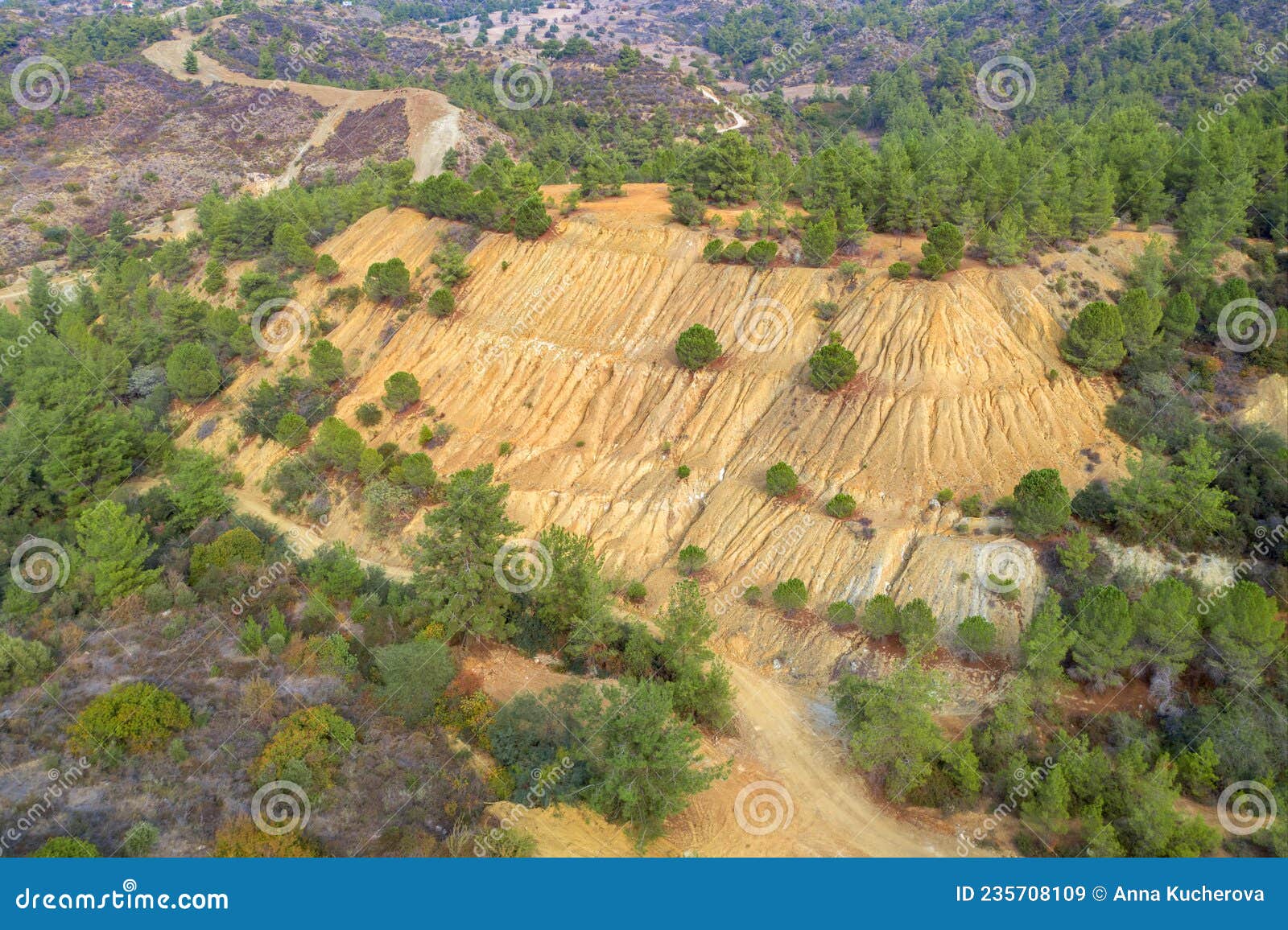 restoration of former open pit evloimeni copper mine, cyprus. forest restored over old waste dumps