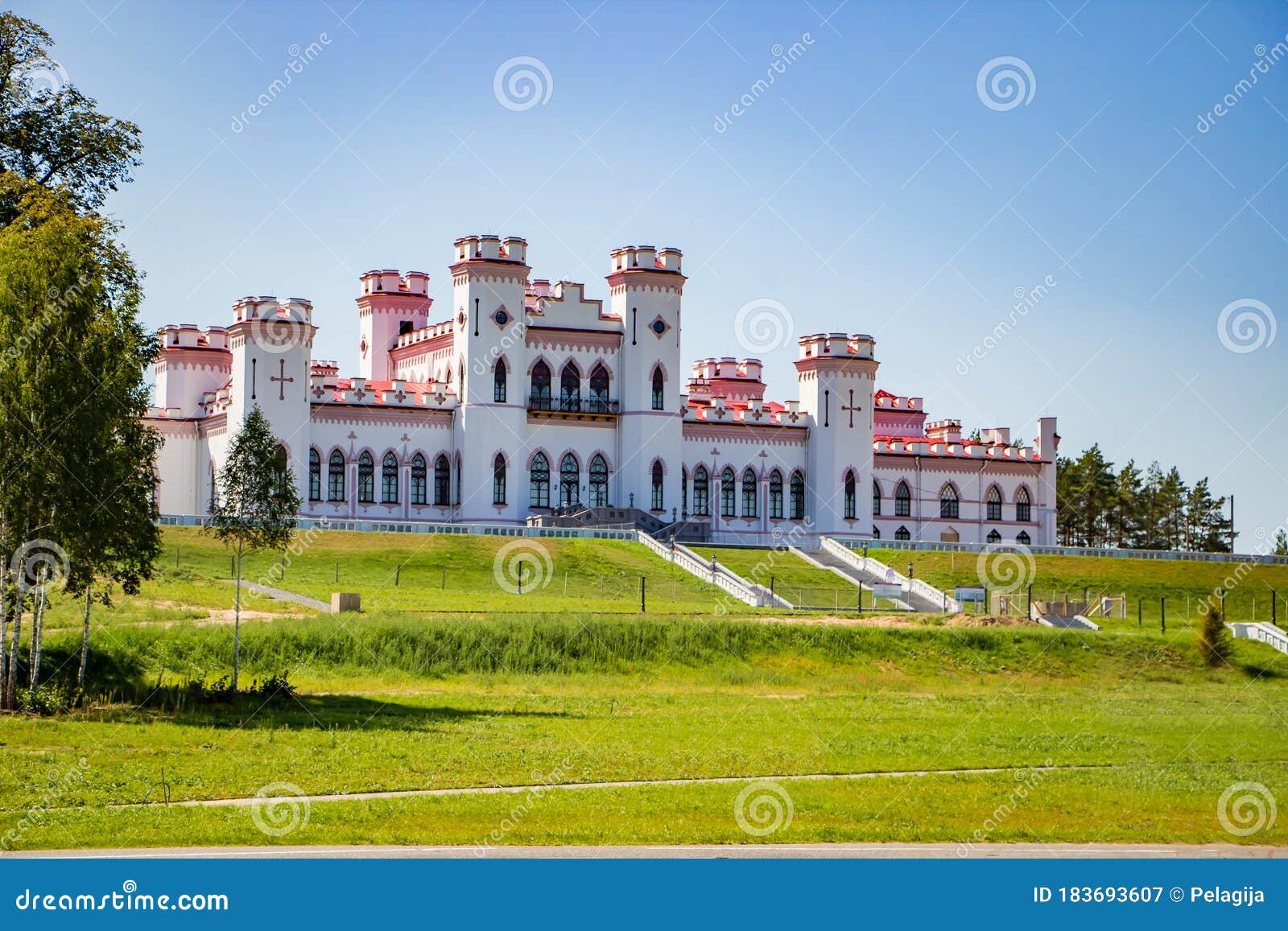 restoration of an old medieval castle. beautiful facade of the palace in kossovo, brest region, belarus. summer landscape