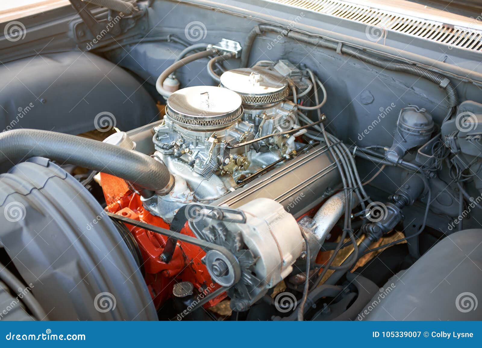 Restored vintage engine in an american oldtimer stock image