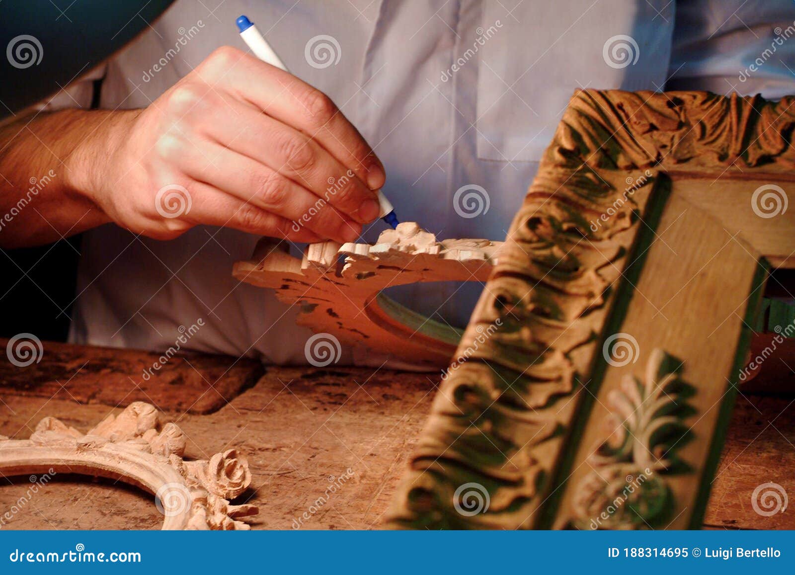 Detail of Hand Estorer Repairs Wooden Frames. Stock Image Image of wood, background 188314695