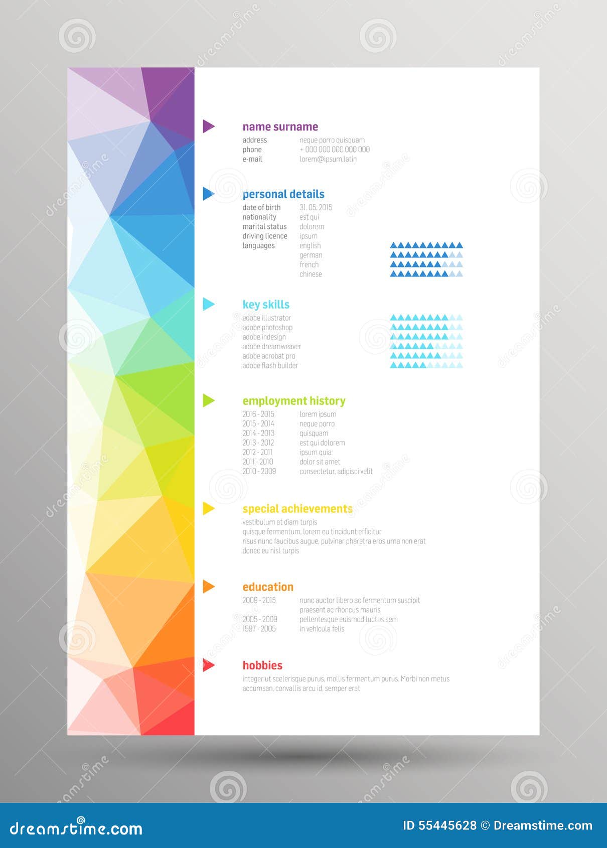 resume curriculum vitae low poly background rainbow colors 55445628