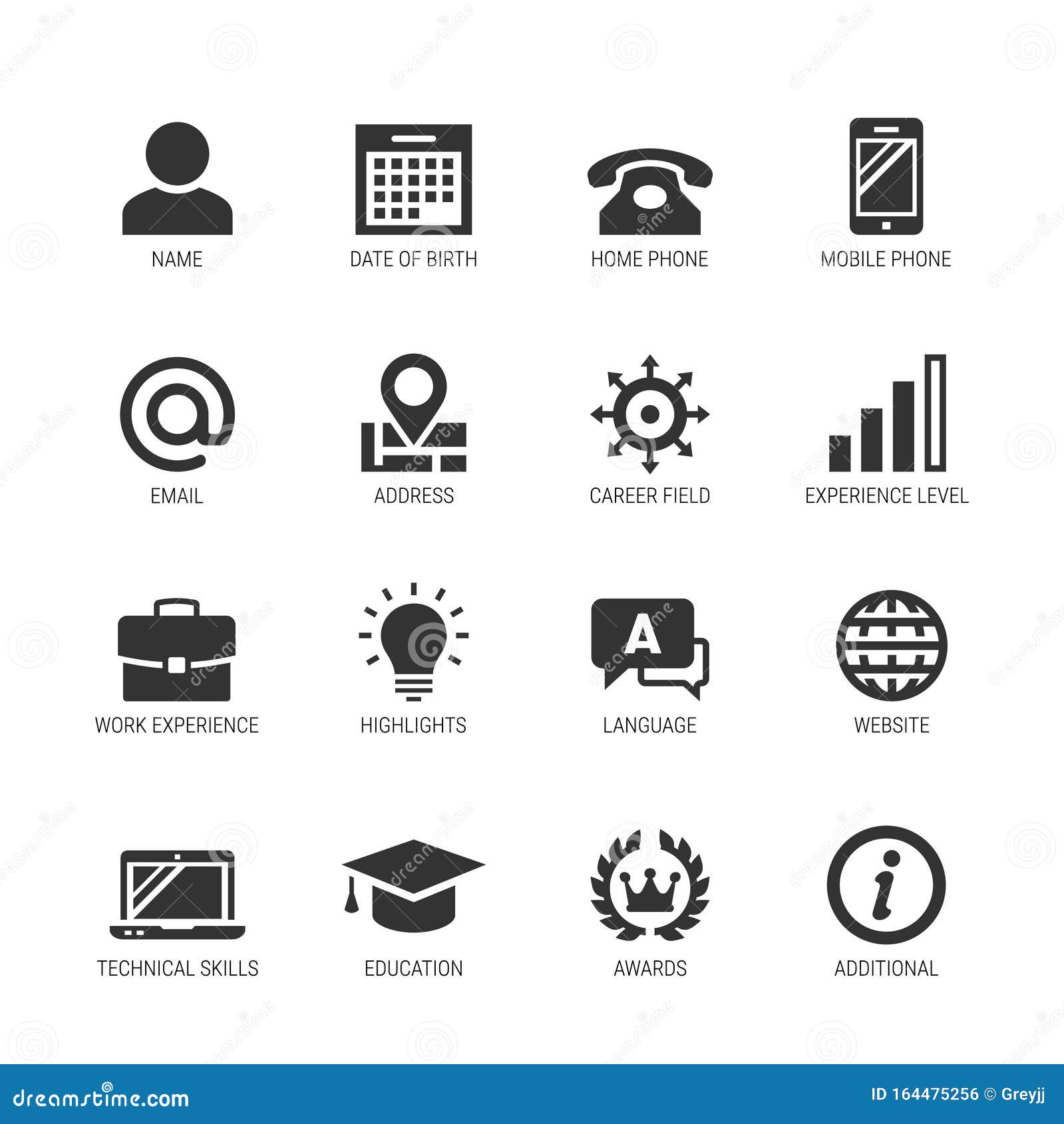 resume or curriculum vitae related icons