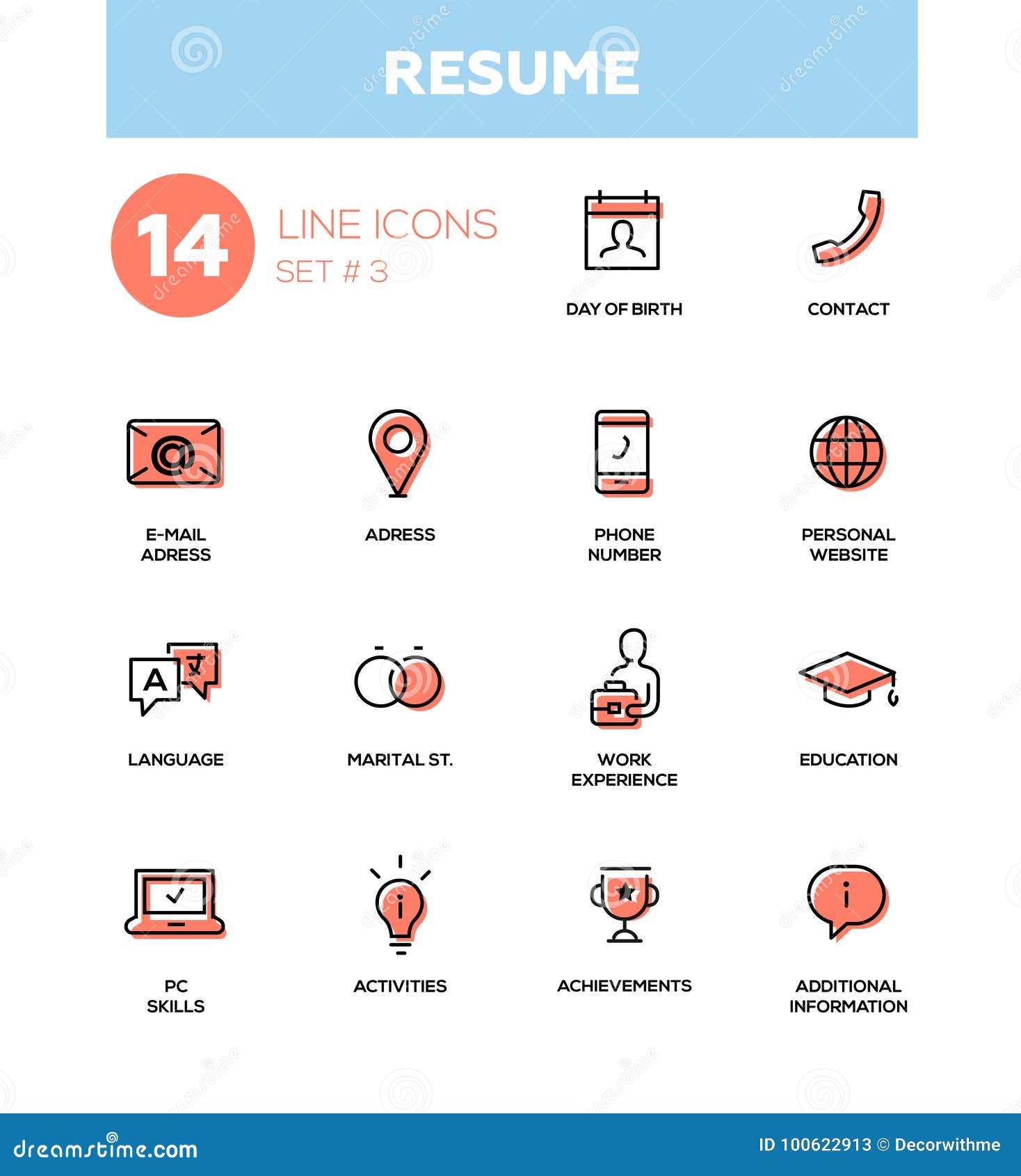 Resume Modern Simple Thin Line Design Icons Pictograms Set Stock Vector Illustration Of Design Flat