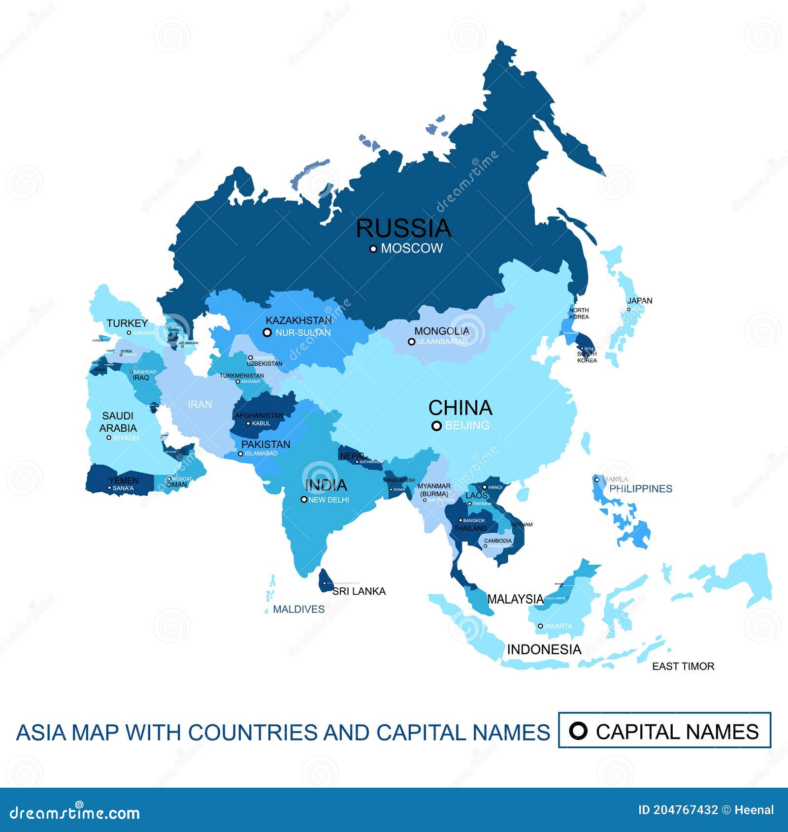 Resumen Azul Vector Asia Mapa Con Los Países Y Sus Respectivas Capitales.  Ilustración del Vector - Ilustración de pista, global: 204767432