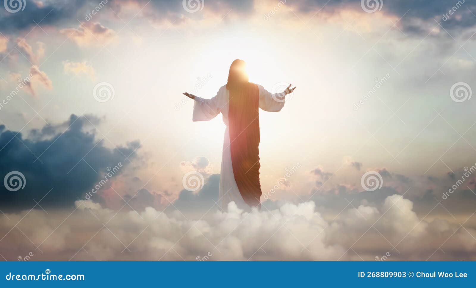 resurrected jesus christ ascending above the sky and clouds, heaven concept