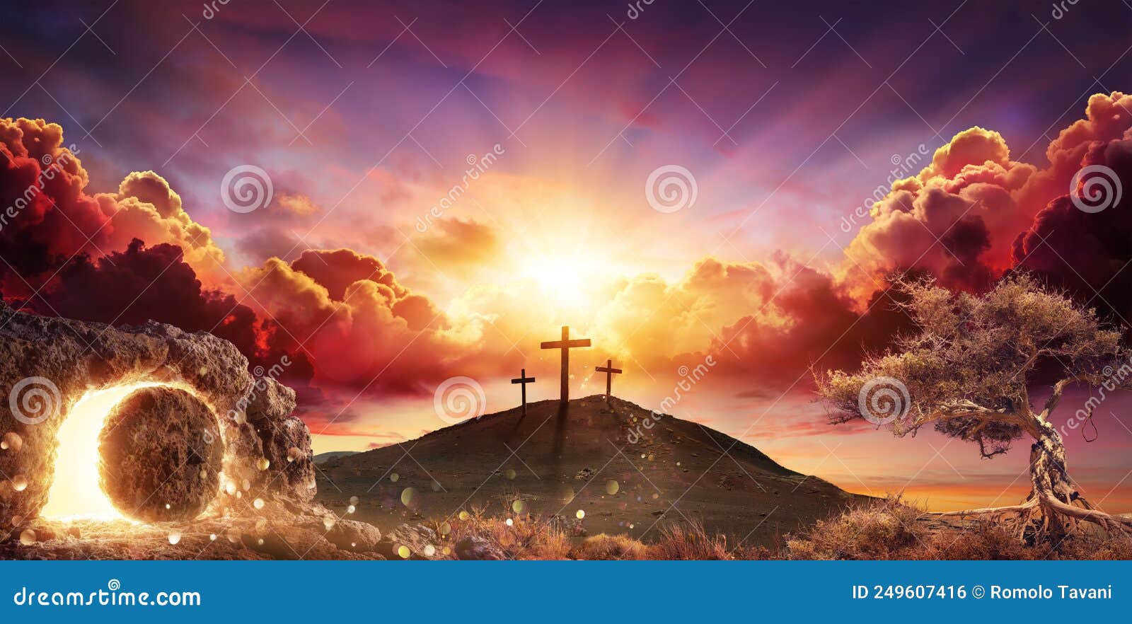 resurrection - crosses and empty tomb with crucifixion at sunrise