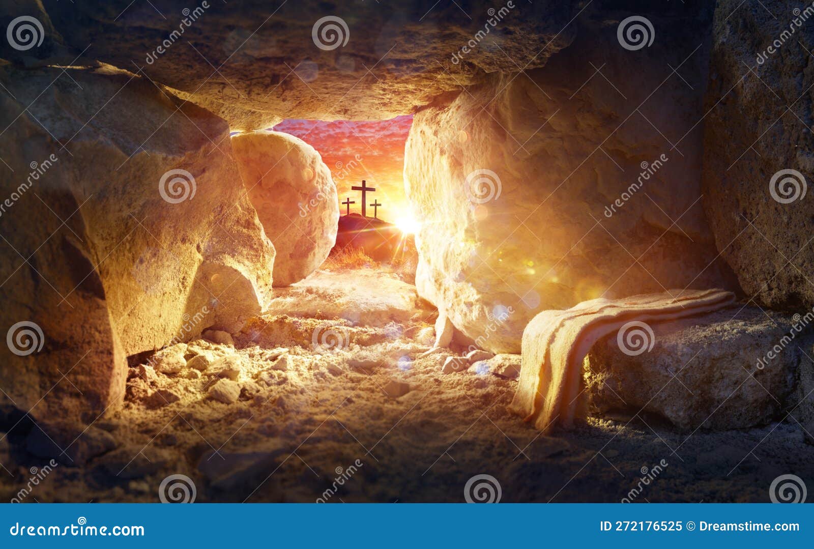 resurrection of jesus christ - tomb empty with shroud and crucifixion