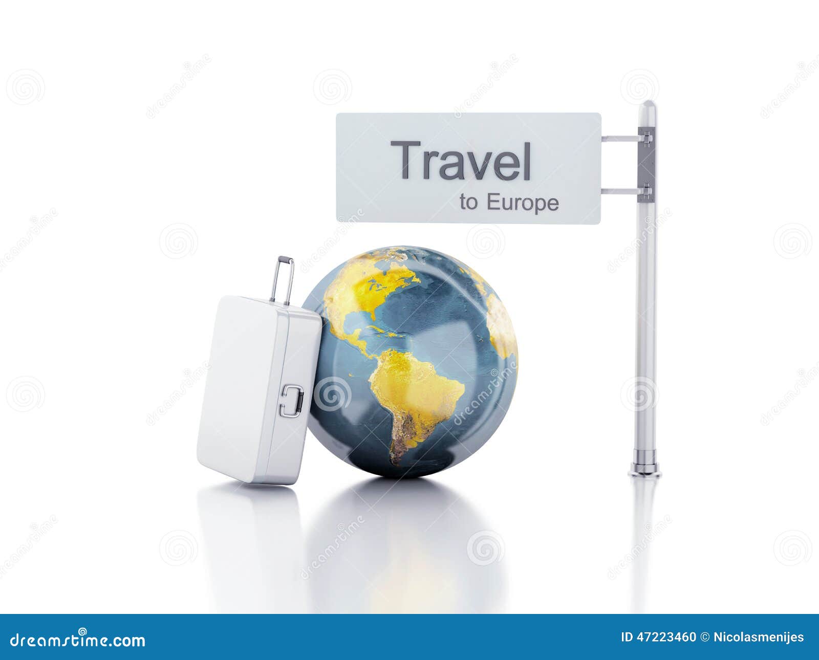 Resväska för lopp 3d och världsjordklot begrepp Europa till loppet. Illustration för renderer 3d loppresväska och världsjordklot lopp till det Europa begreppet på vit bakgrund