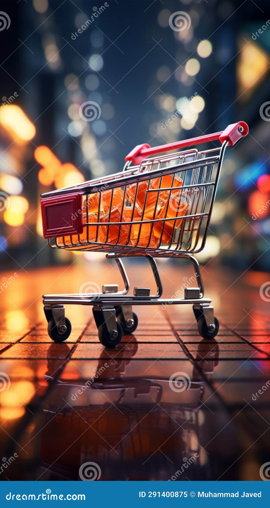 retail rendezvous shopping cart amidst blurred store bokeh, izing dynamic shopping experience