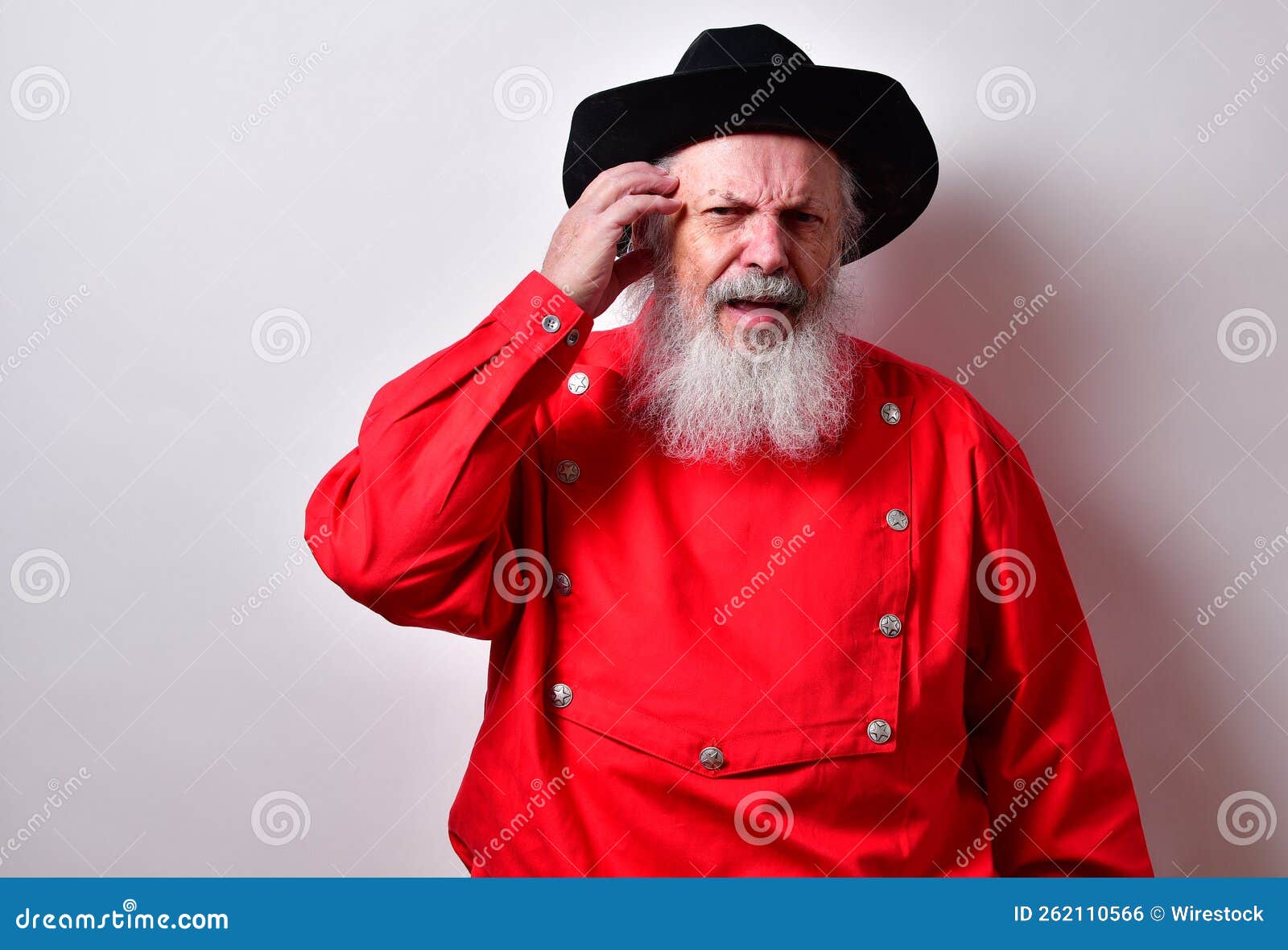 Retired American Male with Red Western Bib Shirt Scratching His Head ...