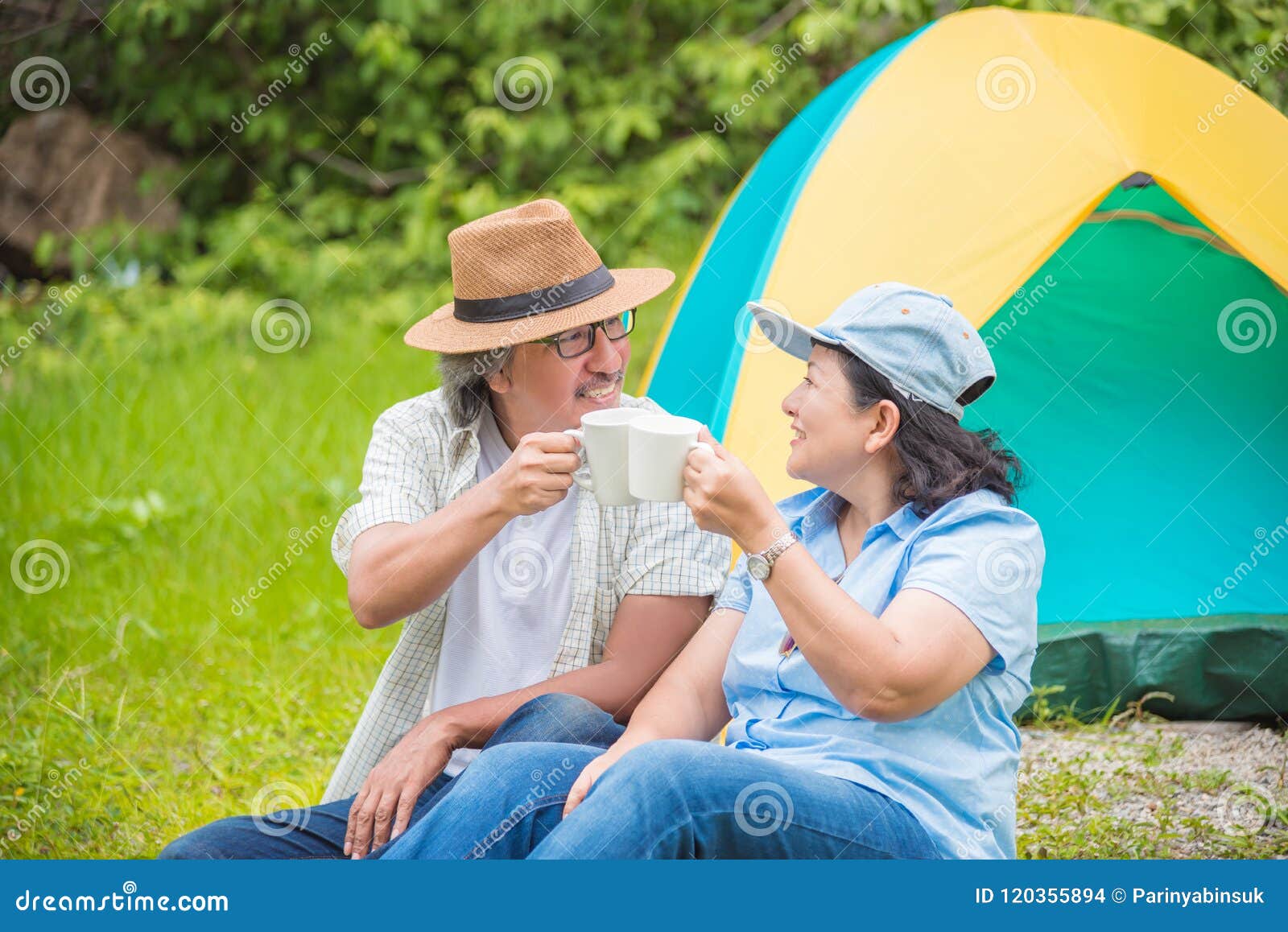 Retired Couple Drinking Coffee at Camping Site Stock Photo Image of