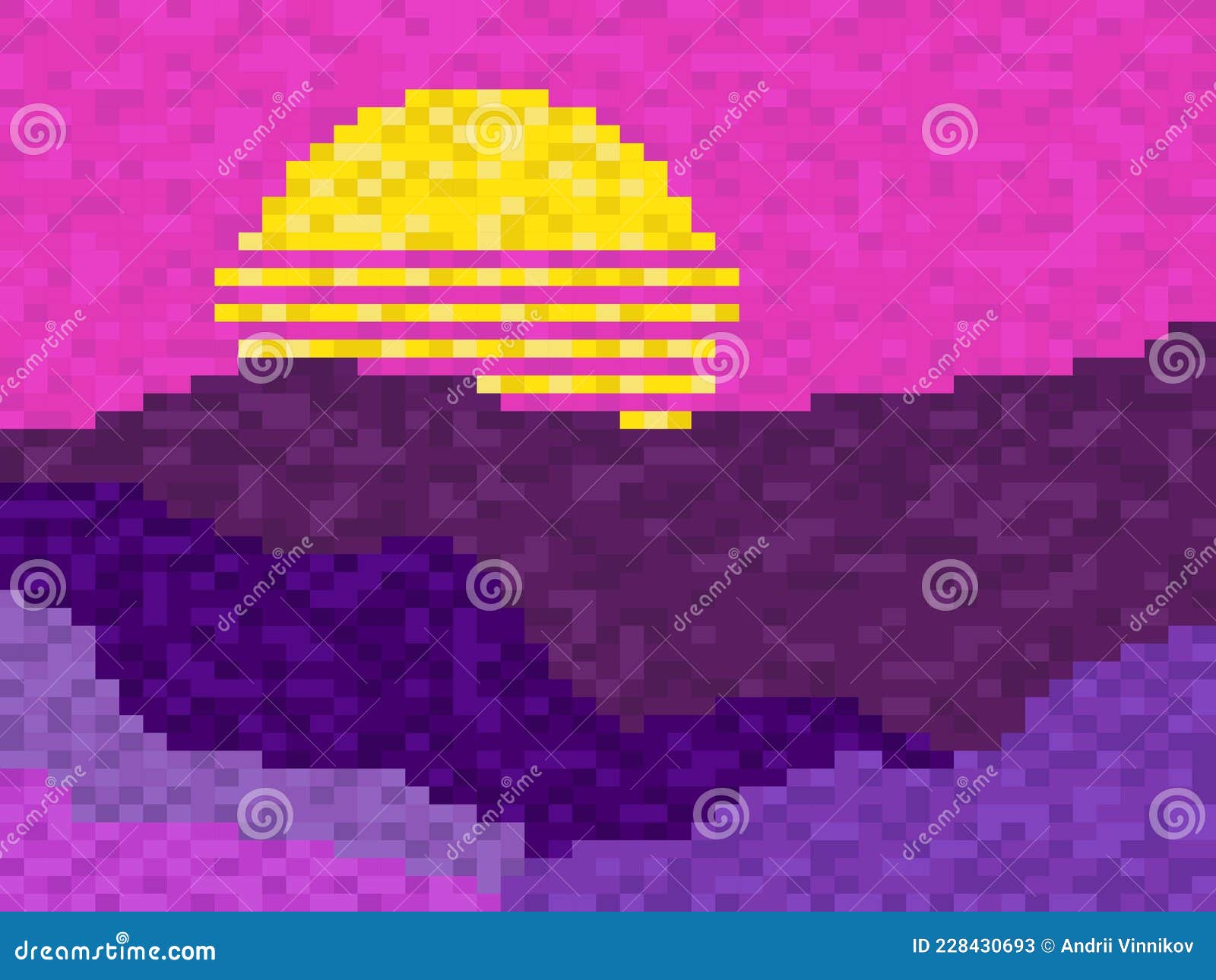 Retrô Do Sol E Da Paisagem Montanhosa No Estilo Pixel Art, 8 Bits