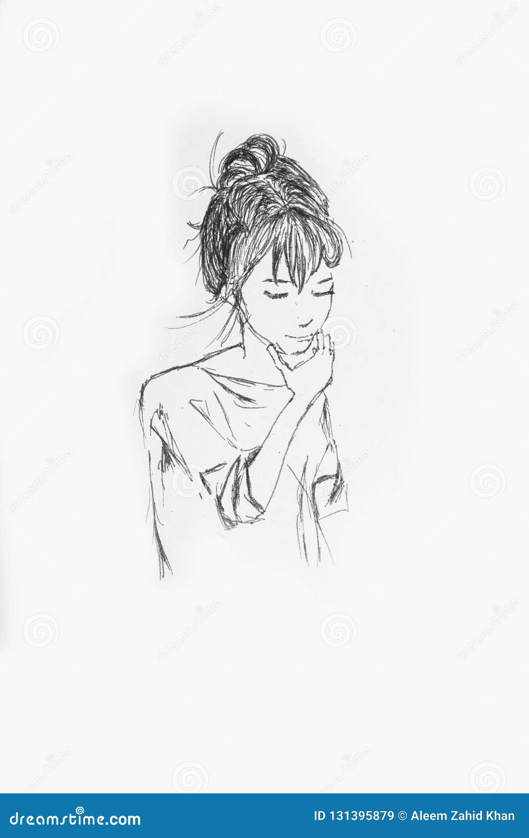 Estilo de esboço de cores preto e branco de retrato de menina anime bonito