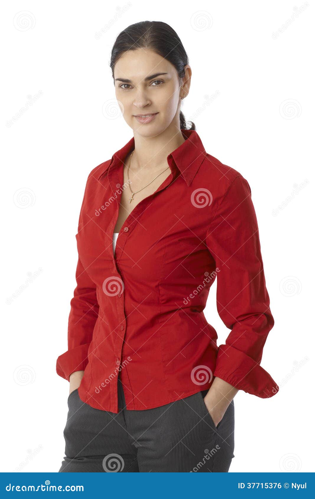 Retrato De La Mujer Joven Casual En Blusa Roja Foto de archivo - Imagen coleta, americano: 37715376
