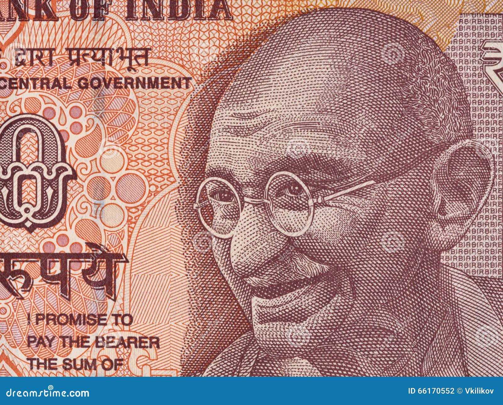 Retrato de Mahatma Gandhi no indiano macro da cédula de 10 rupias, Indi. Retrato de Mahatma Gandhi no indiano macro da cédula de 10 rupias, close up do dinheiro da Índia