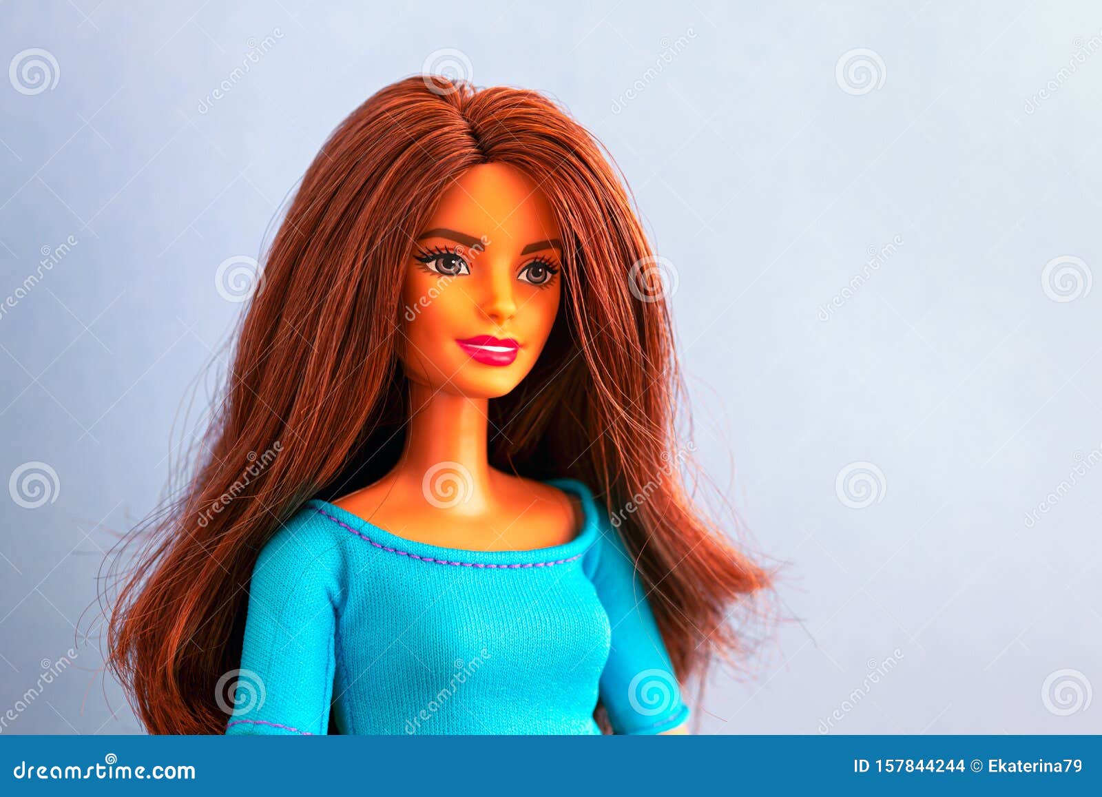 Retrato De Muñeca Barbie Con Pelo Castaño Sobre Fondo Azul Imagen de archivo editorial - Imagen de pelo, retrato: 157844244