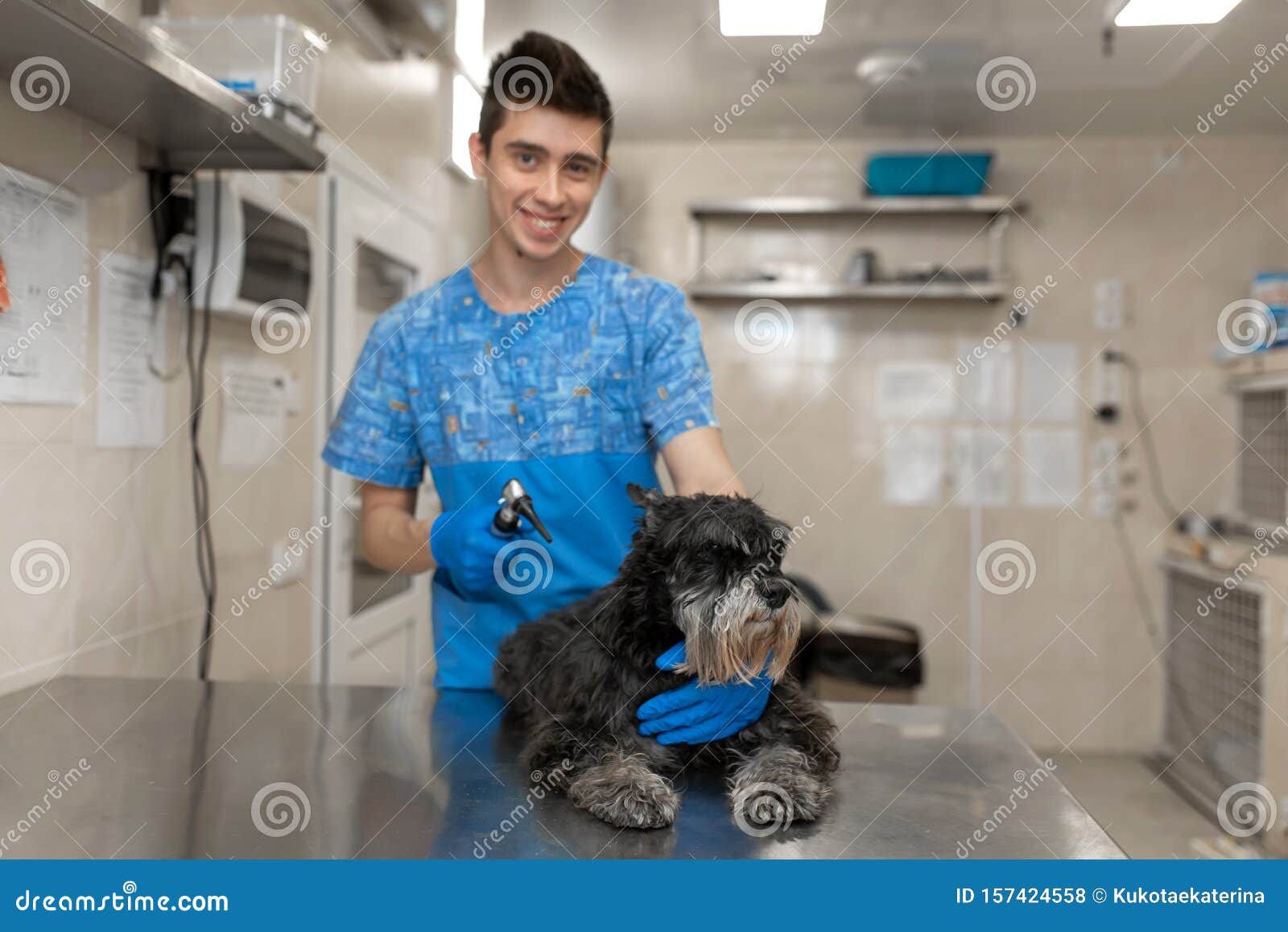 Retrato De Um Técnico Veterinário Jovem De Farda Médico Com Cão Após Verificação De Orelhas Foto de Stock - Imagem de pessoa, homem: 157424558