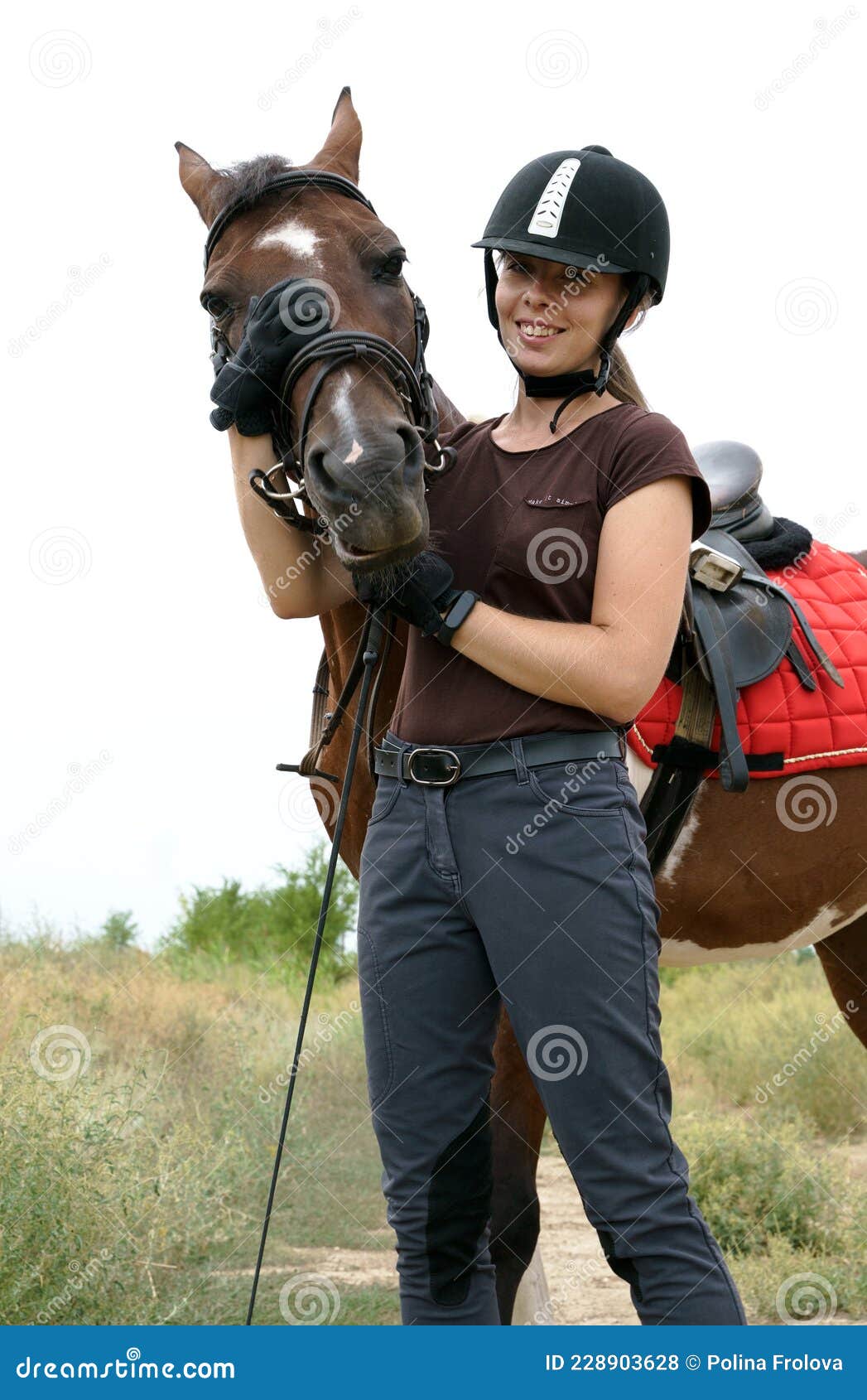 Retrato, De, Sorrindo, Femininas, Jockey, Ficar, Por, Cavalo, Em