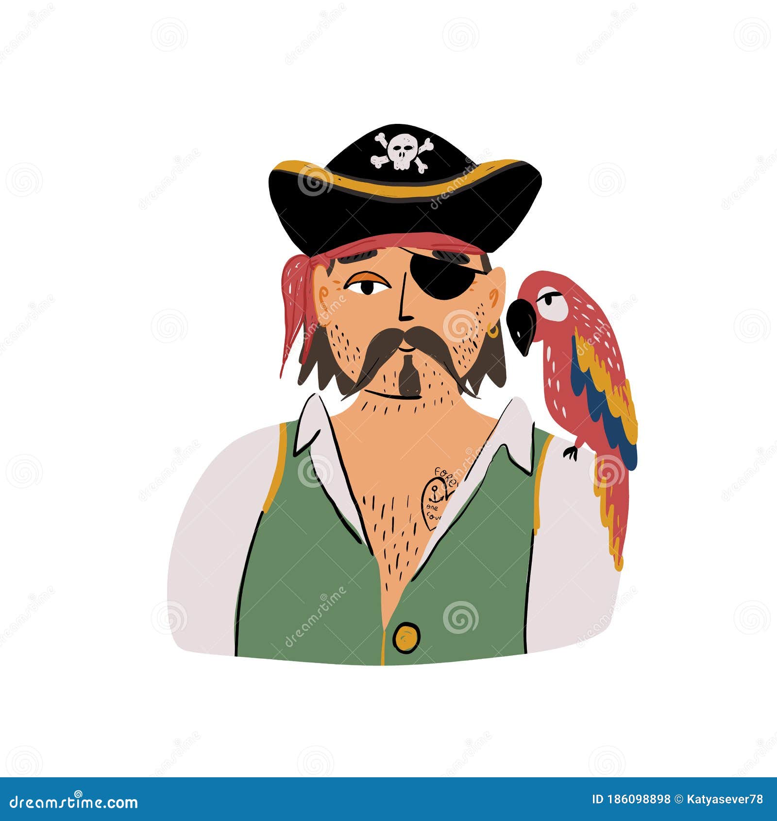 Retrato De Un Pirata Sonriente Con Un Gorro Cocido Con Cráneo Y Huesos Y  Amigo Pirata En Su Hombro Loro De Macao Rojo. Ilustración del Vector -  Ilustración de navegante, retrato: 186098898