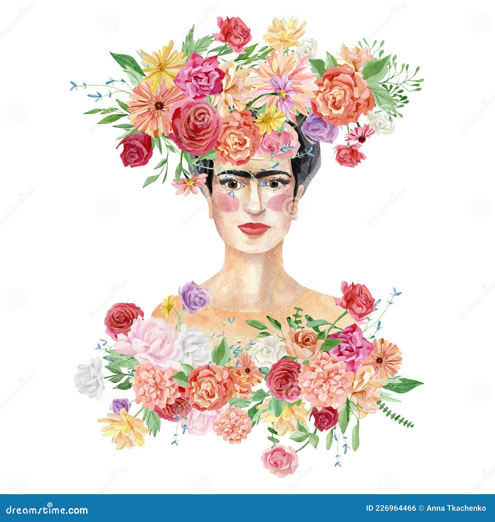 Retrato De Una Mujer Mexicana Con Brillantes. Una Figura Con Flores. Frida Kahlo Con Una Corona De Flores. Stock de ilustración Ilustración de pista, 226964466