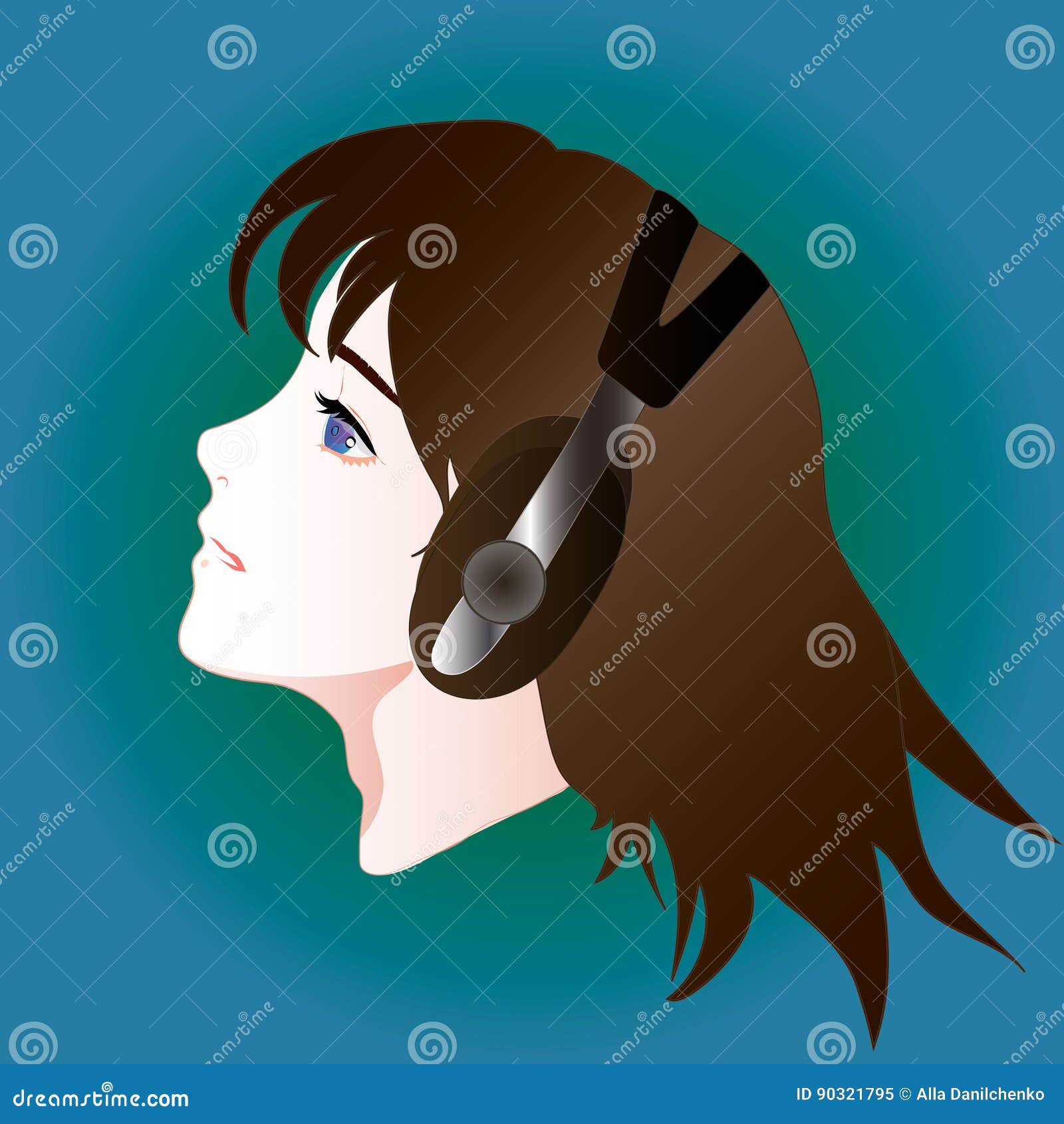 Menina de anime com fones de ouvido ouve música retrato de